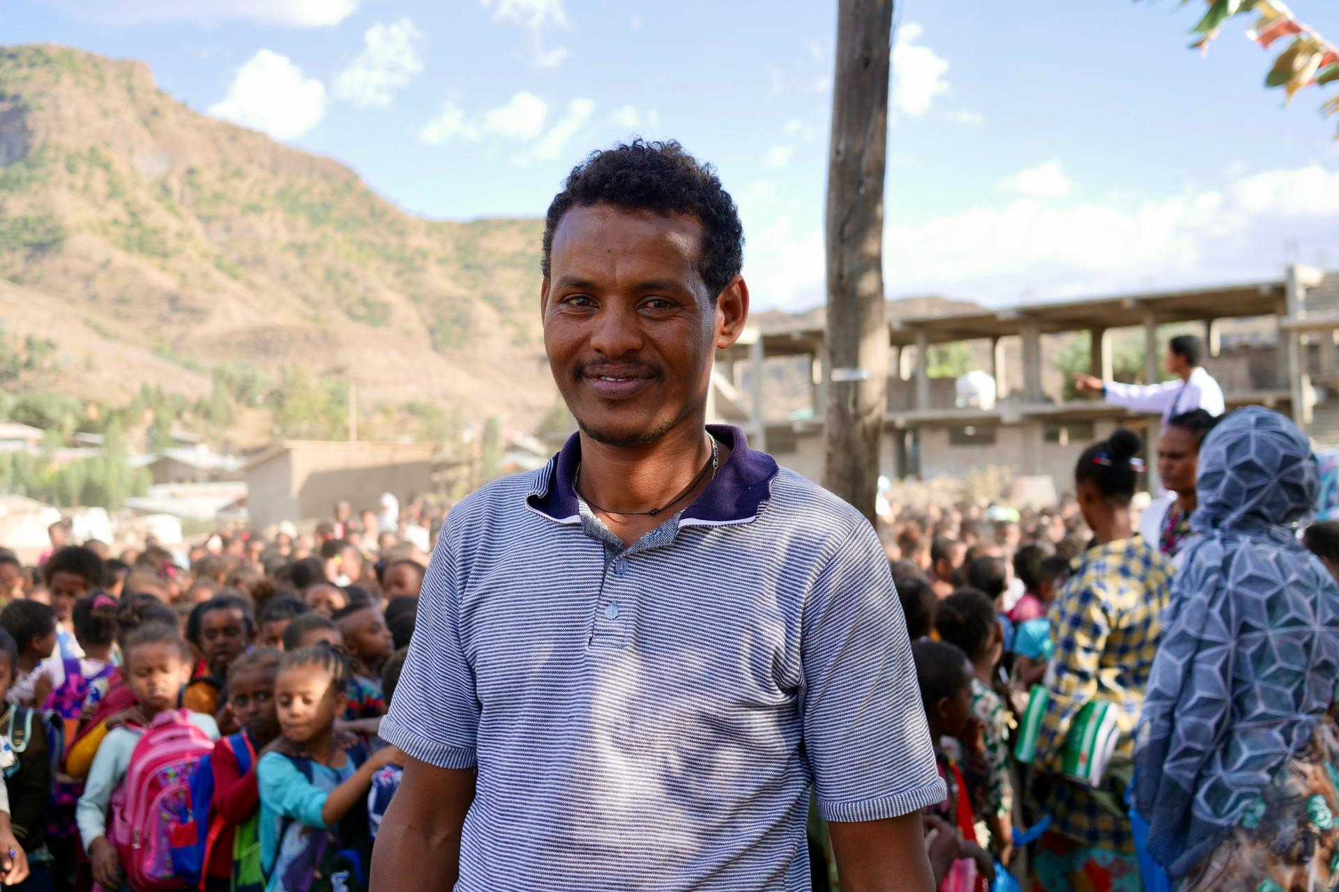 Principal Roda Sisay in front of a recently reopened school in Lalibela, Ethiopia, Feb. 15, 2022.