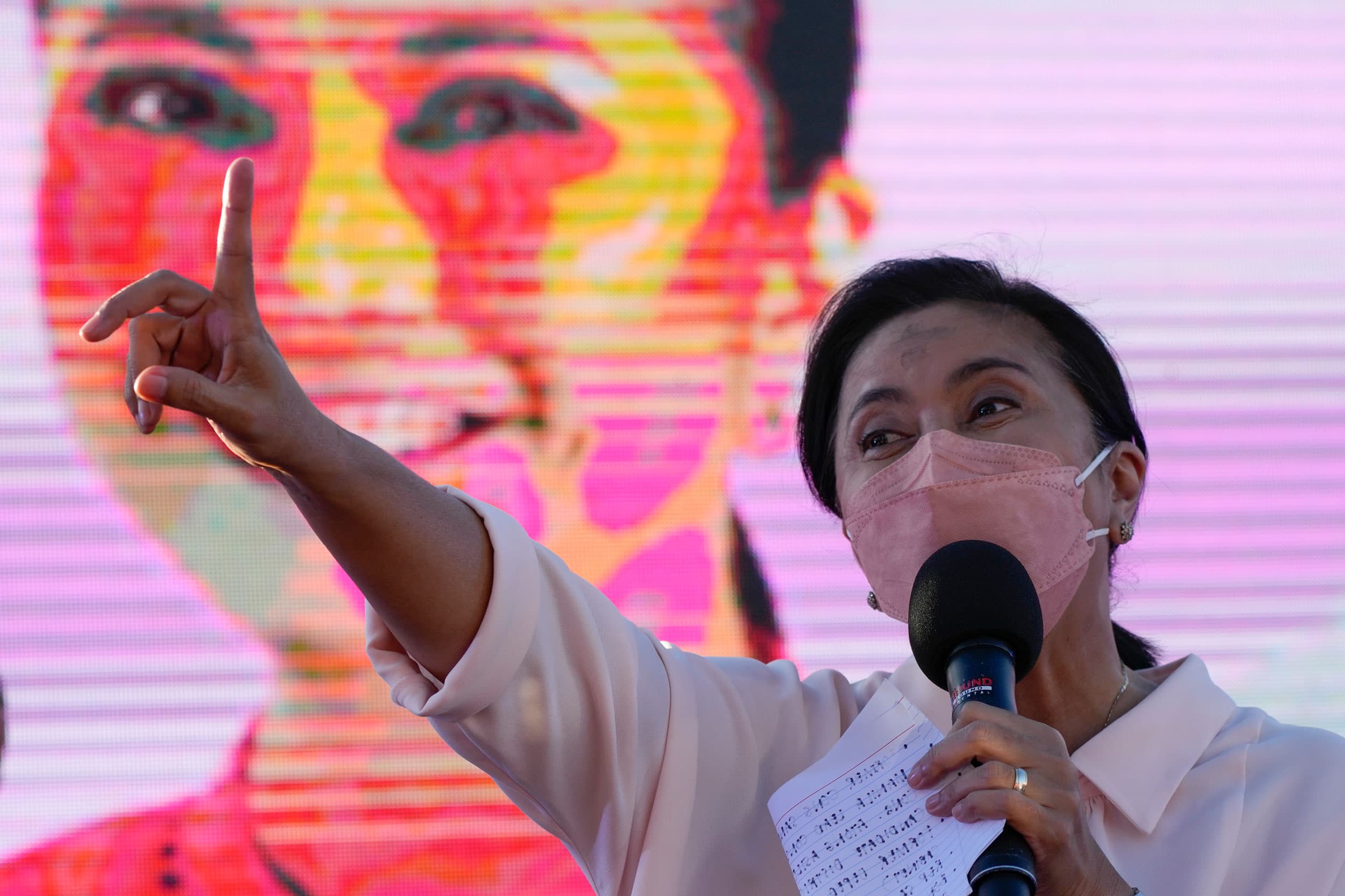 Incumbent vice president and presidential hopeful Leni Robredo gestures during an event in Manila, Philippines on Wednesday, March 2, 2022. 
