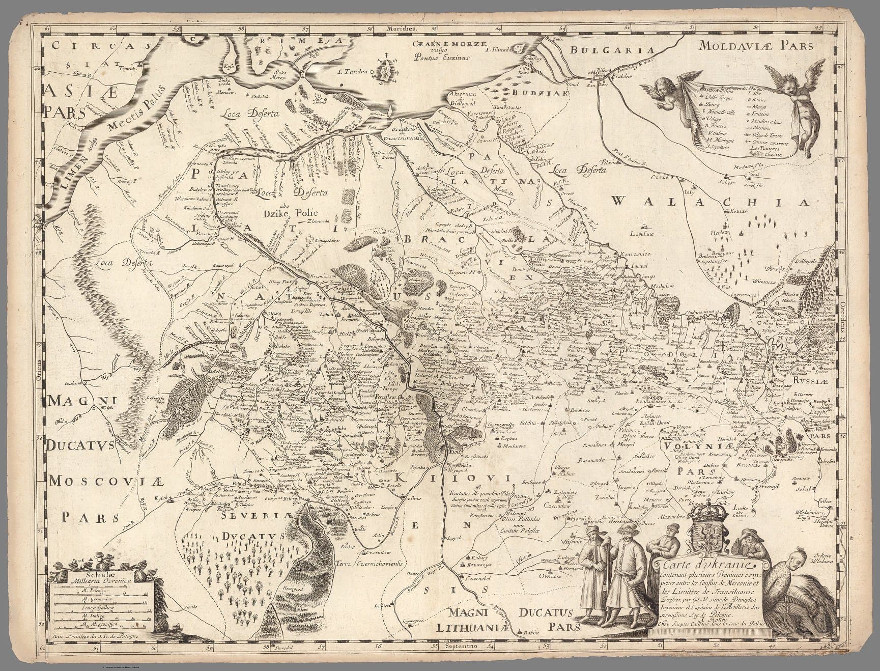 A faded antique engraving showing the borders and cities of Ukraine