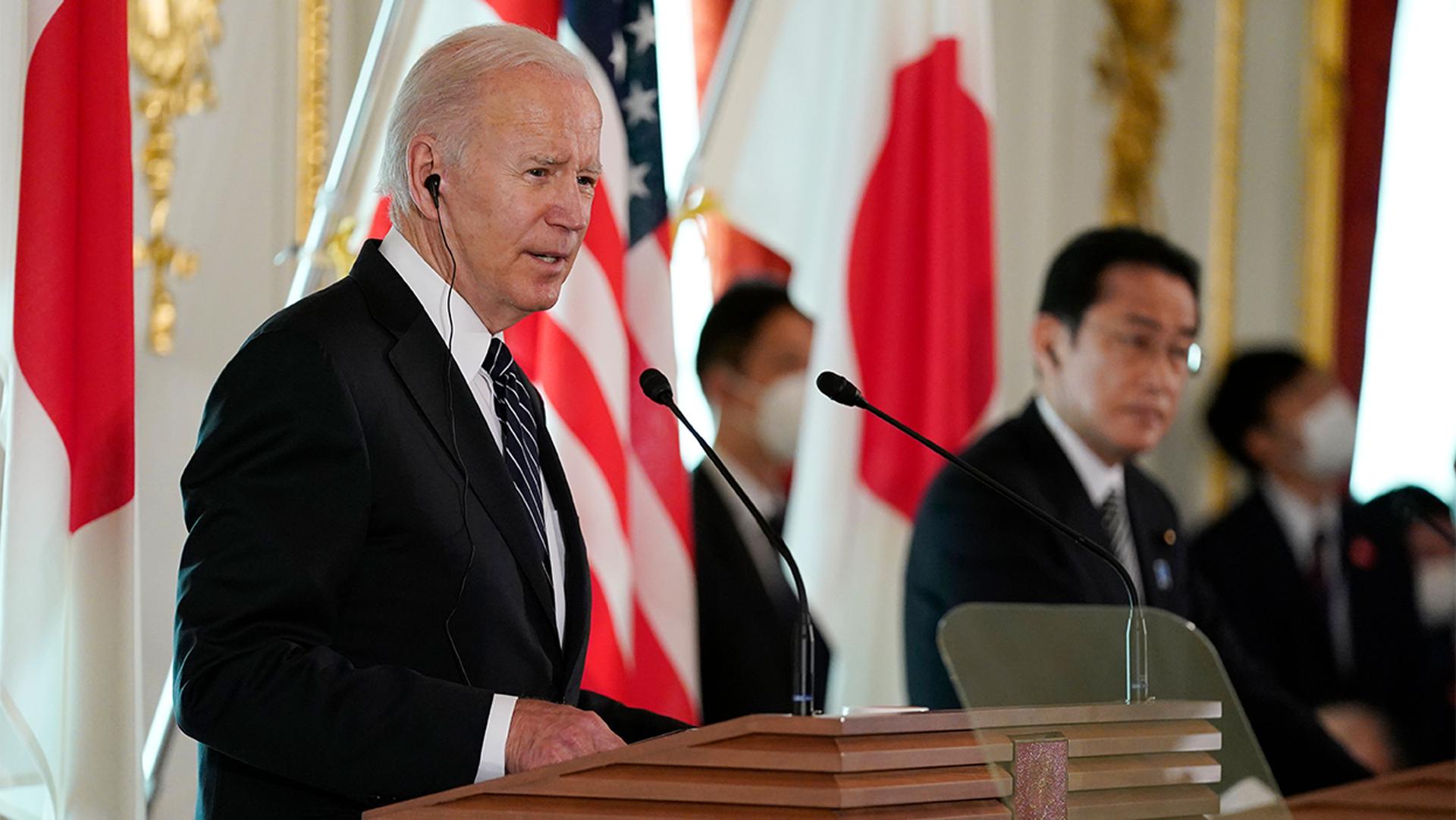 President Joe Biden speaks during a news conference with Japanese Prime Minister Fumio Kishida at Akasaka Palace in Tokyo