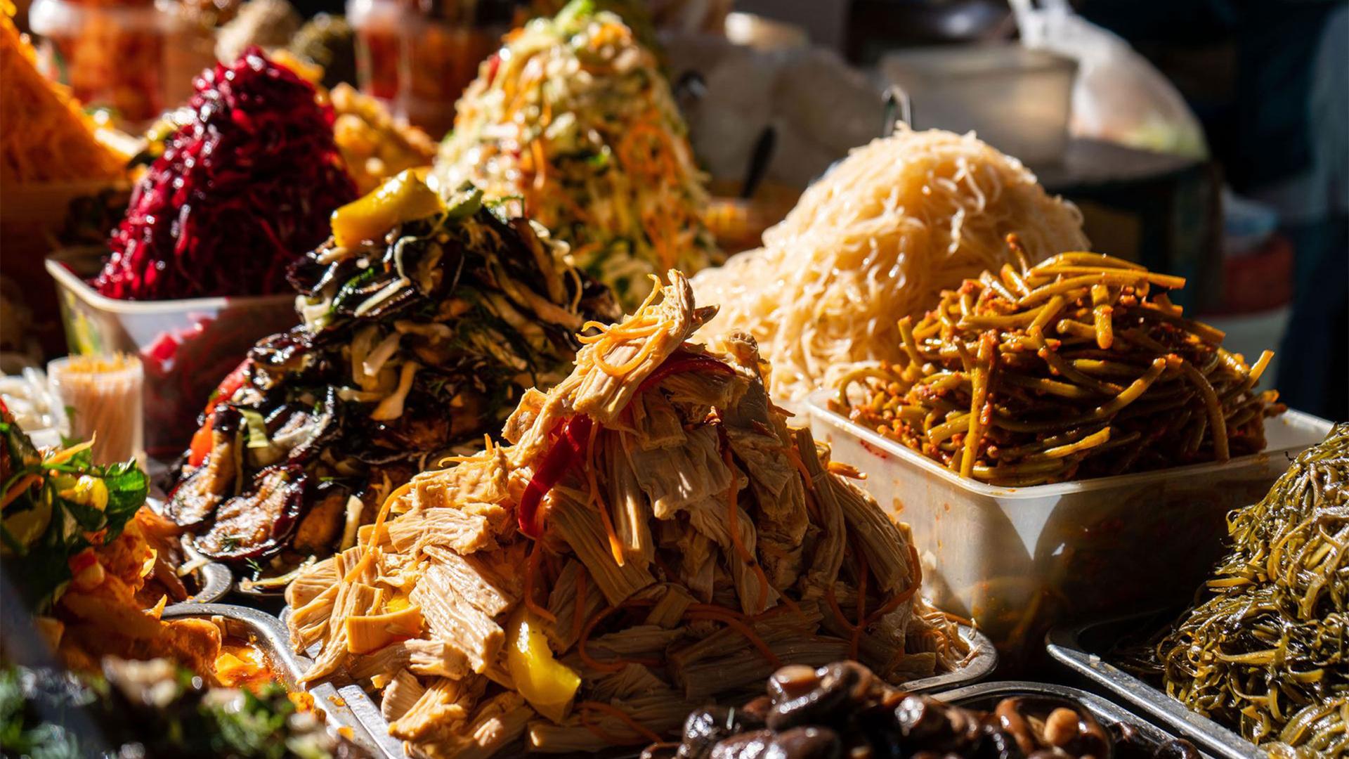 Multicolored displays of Korean marinated salads are a mainstay at Almaty’s Green Bazaar.