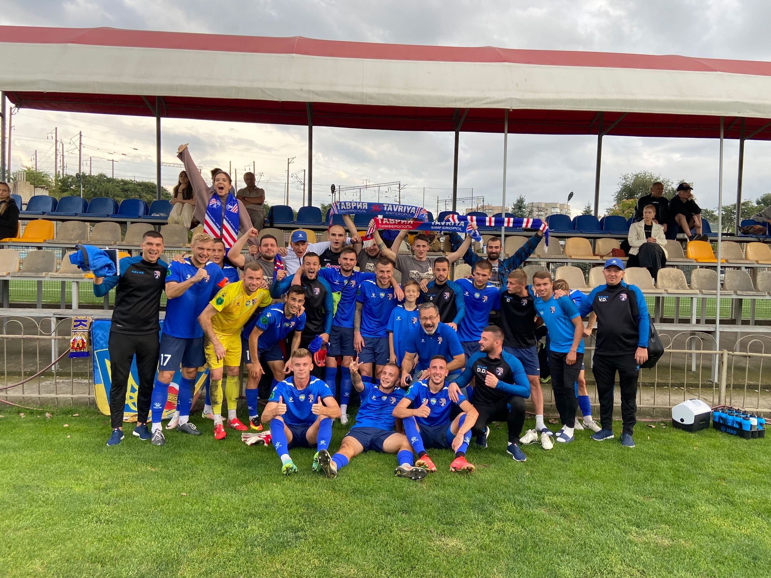 The Ukrainian football team Tavriya Simferopol celebrates after beating Odessa's Real Pharma in 2021.