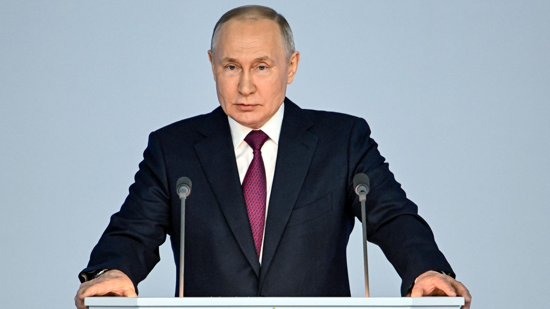 Russian President Vladimir Putin gives his annual state of the nation address in Moscow, Russia, Tuesday, Feb. 21, 2023. 