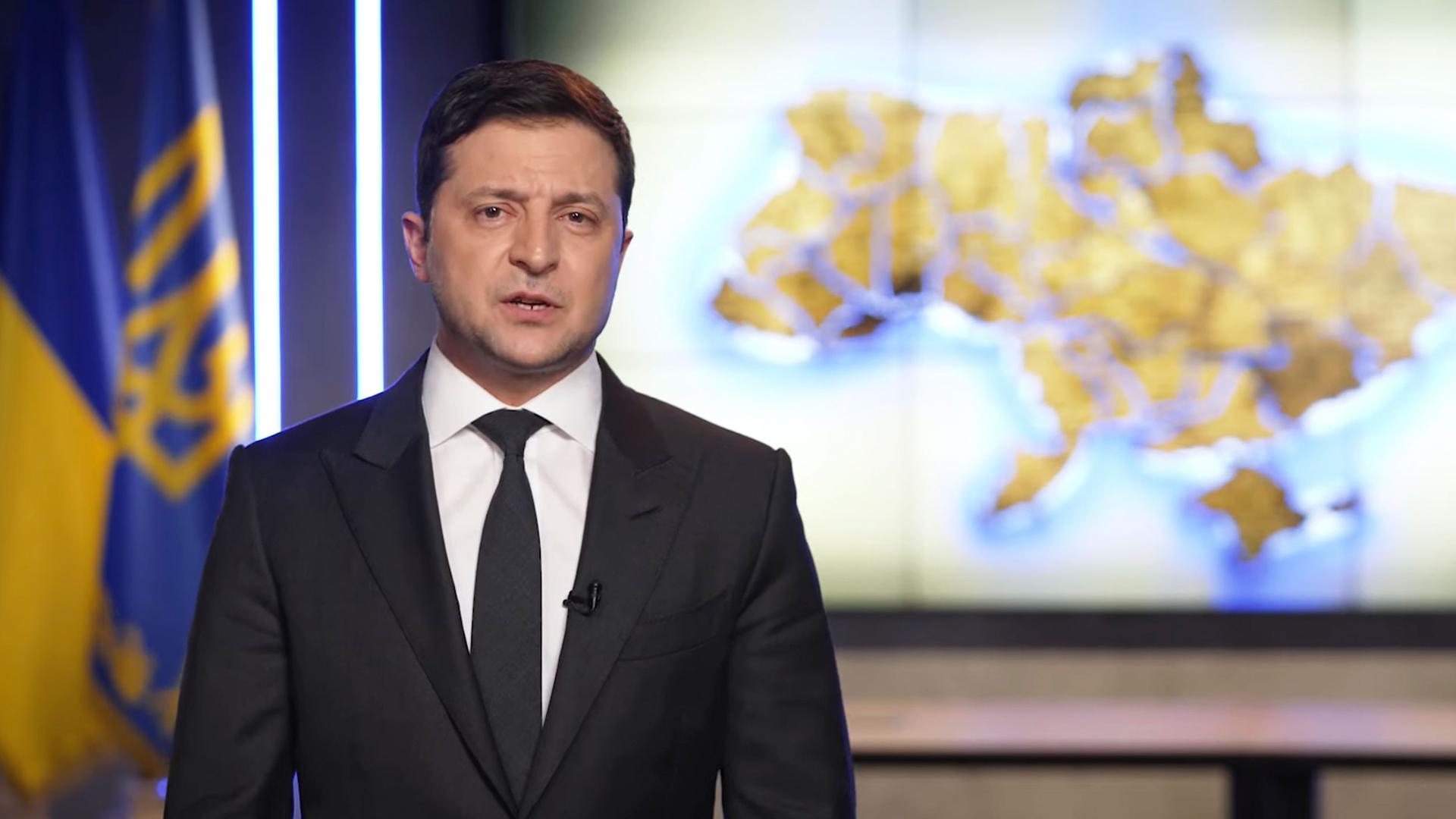 Ukrainian President Volodymyr Zelenskiy addresses the nation in Kyiv, Ukraine, on Feb. 24, 2022.