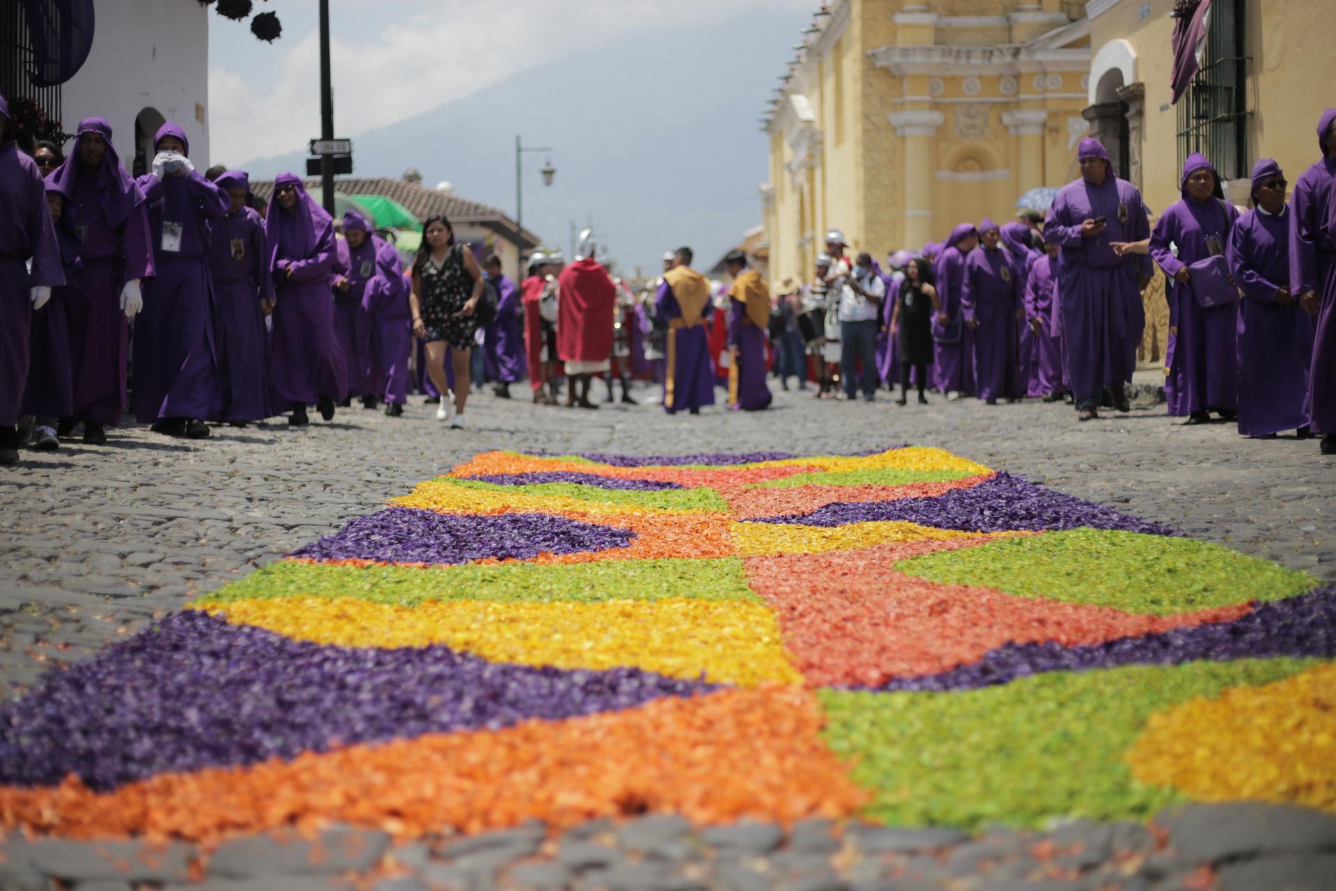 A street carpet known as an alfombra created by Francisco Orellana and his friends in Antigua, Guatemala.