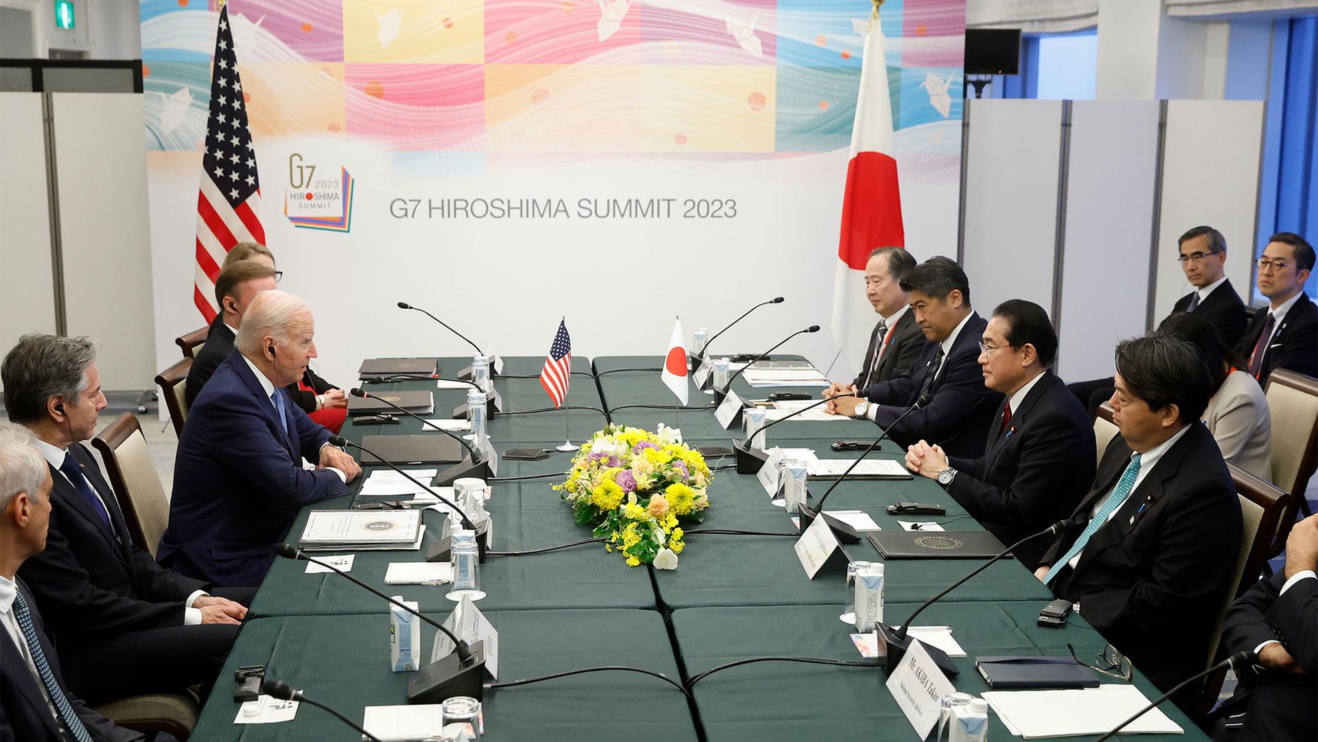 President Joe Biden sits with Secretary of State Antony Blinken during a bilateral meeting with Japan's Prime Minister Fumio Kishida in Hiroshima, Japan, May 18, 2023.