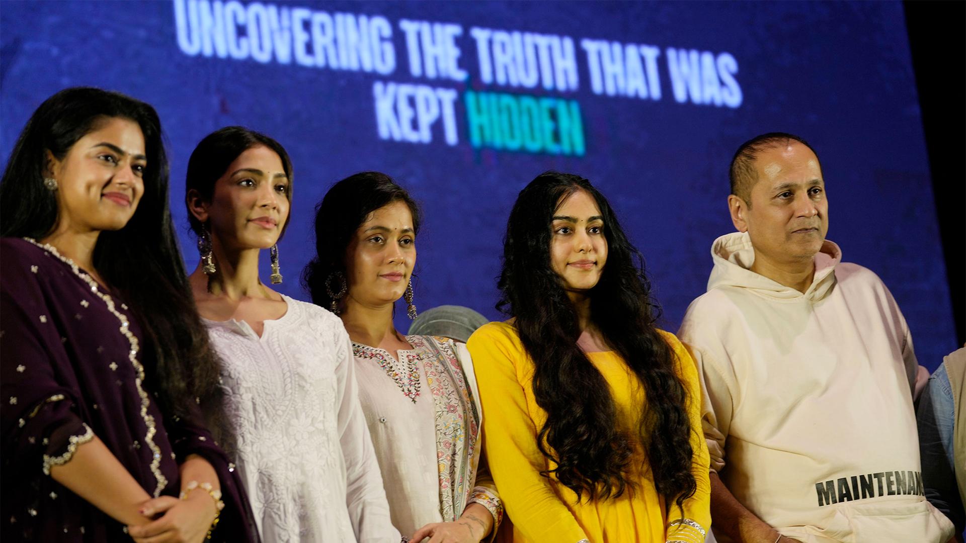 Bollywood actresses from left, Siddhi Idnani, Yogita Bihani, Sonia Balani, Adah Sharma and producer Vipul Amrutlal Shah during a press conference for the movie "The Kerala Story" in Mumbai, India, May 17, 2023.