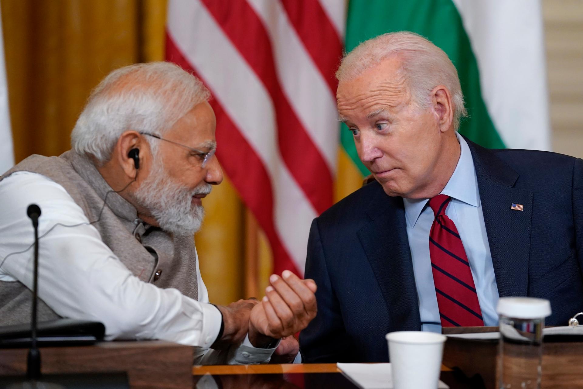 President Joe Biden speaks with India's Prime Minister Narendra Modi during a meeting with American and Indian business leaders in the East Room of the White House, in Washington, June 23, 2023.