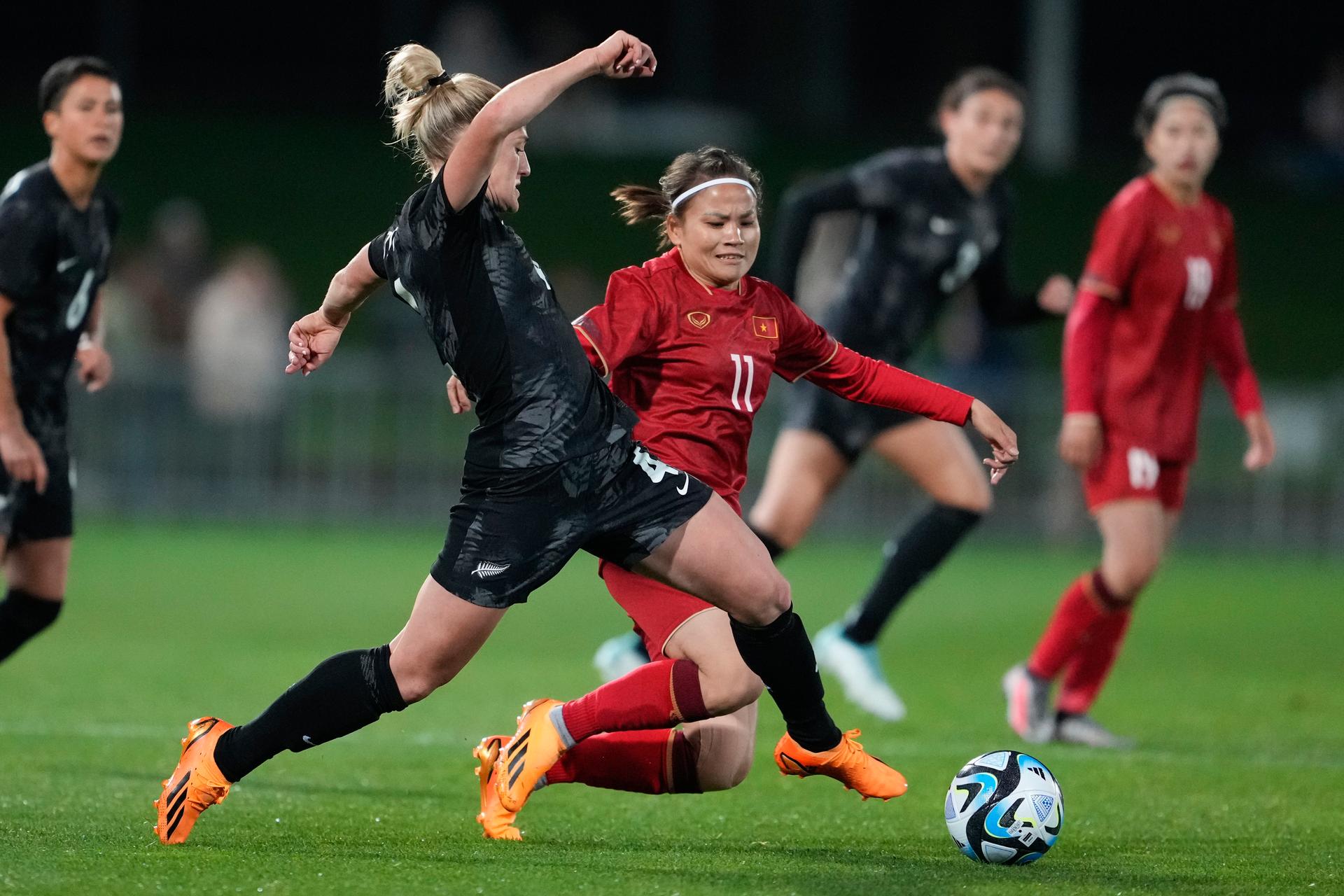 Erin Nayler and Thi Thao Thai compete for the ball during the New Zealand and Vietnam warm up match ahead of the women's World Cup in Napier, New Zealand, July 10, 2023.