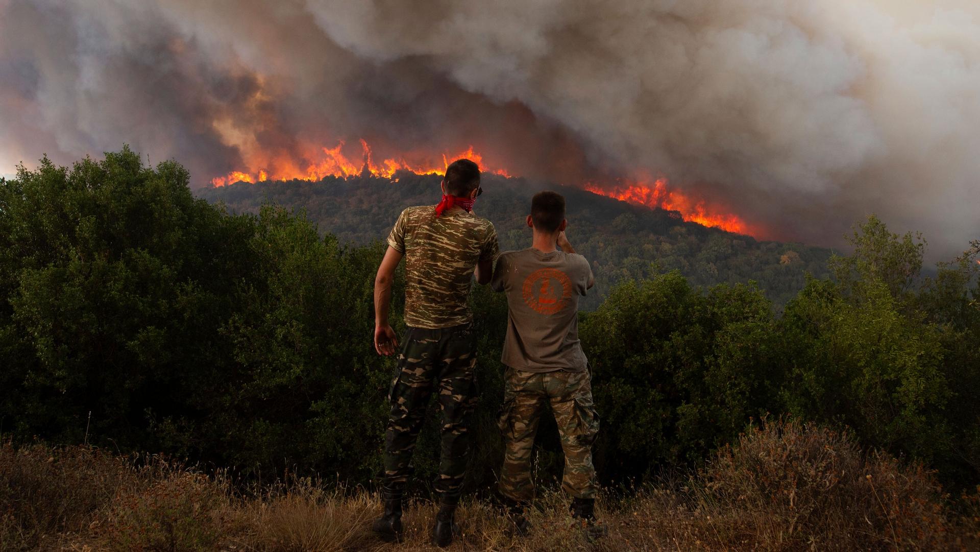 Flames burn a forest during wildfires near the village of Sykorrahi, near Alexandroupolis town, in the northeastern Evros region, Greece, Wednesday, Aug. 23, 2023. 