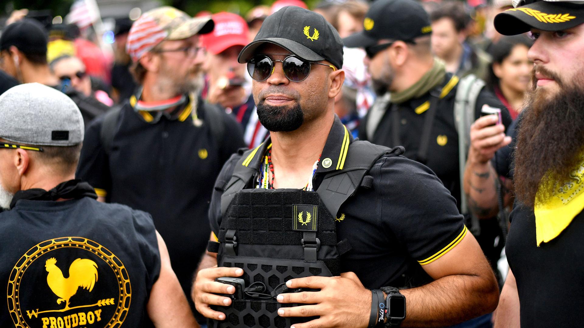 Proud Boys chairman Enrique Tarrio rallies in Portland, Ore., Aug. 17, 2019.