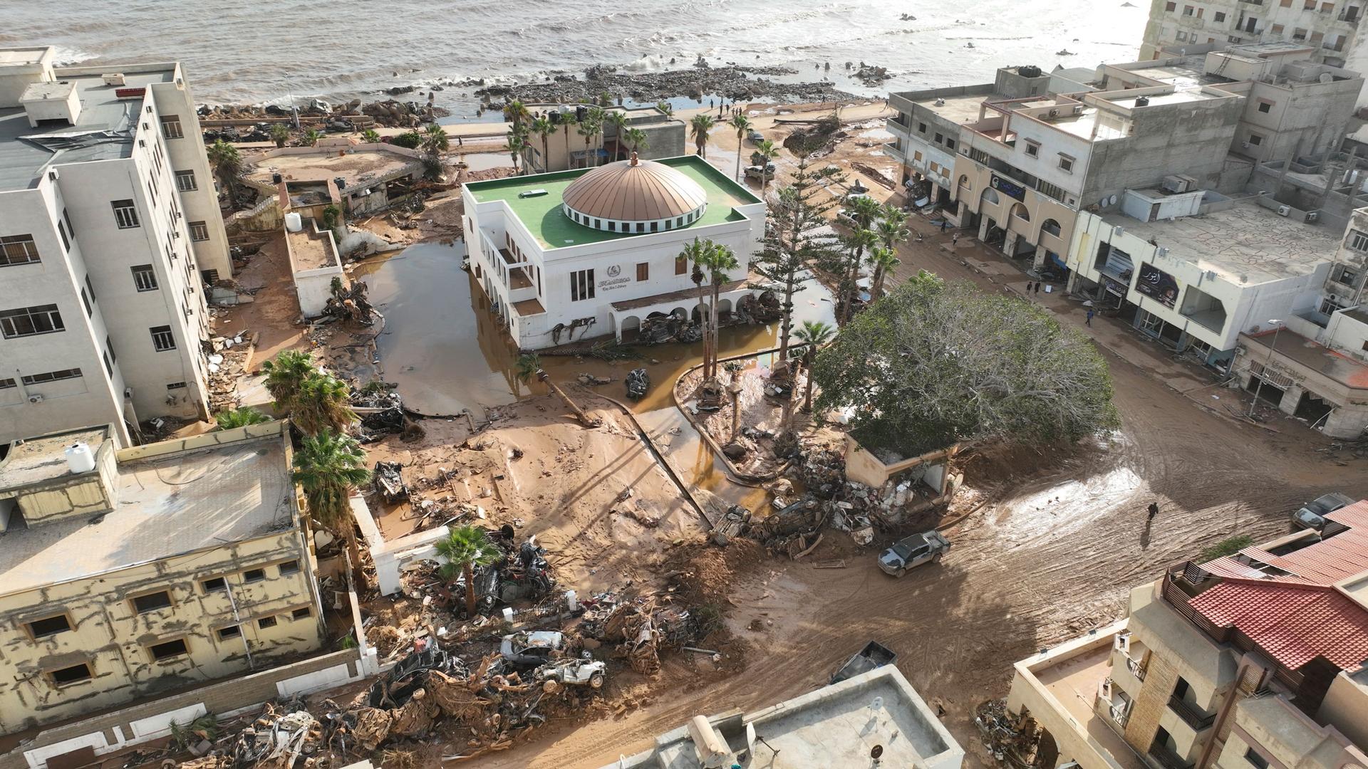 Floodwaters from Mediterranean storm Daniel are visible on Tuesday, Sept. 12, 2023.