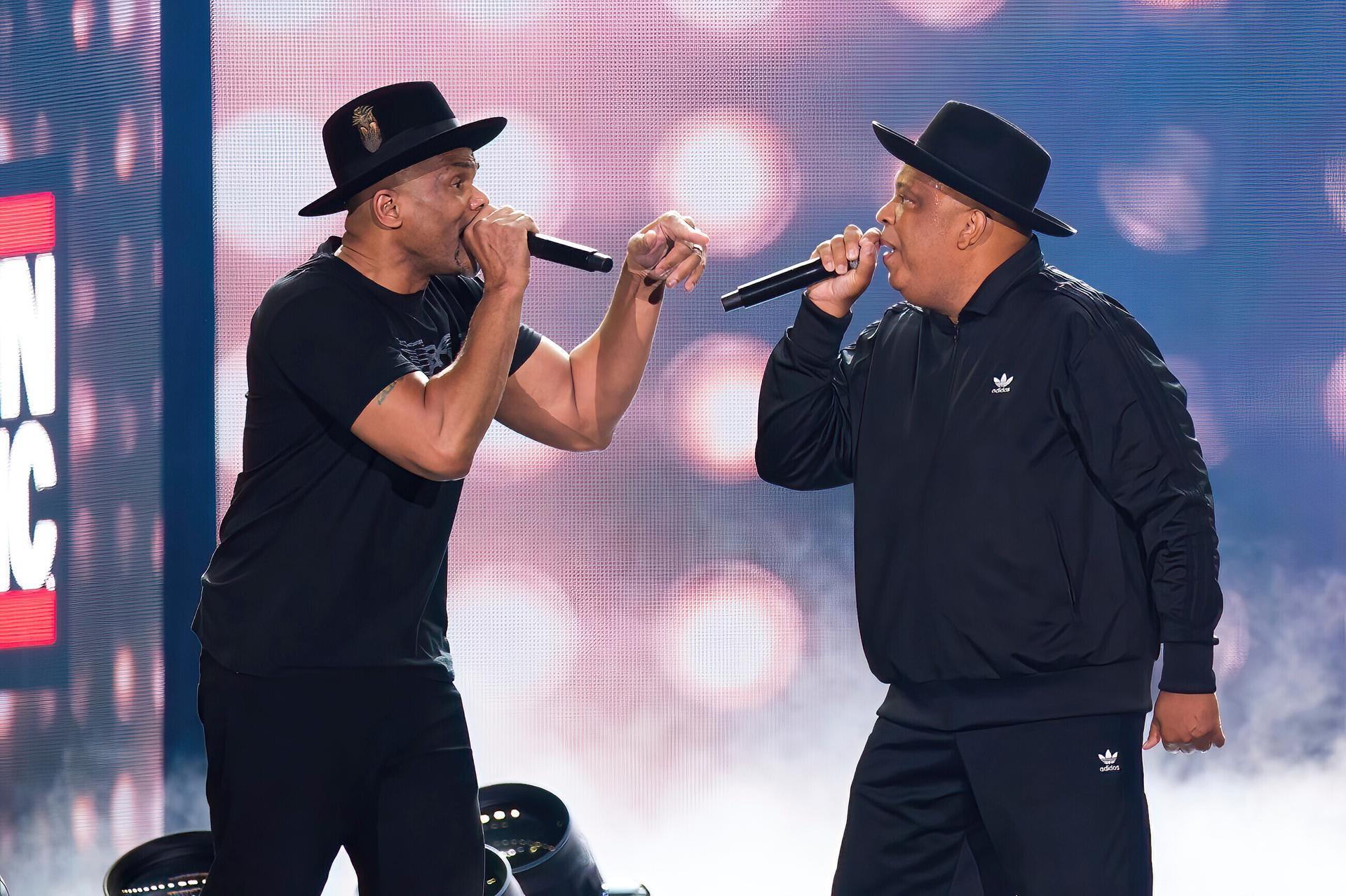 Rappers Darryl McDaniels, left, and Joseph Simmons of Run DMC perform at Hip-Hop 50 Live, celebrating 50 years of hip-hop at Yankee Stadium in the Bronx, New York, Aug. 11, 2023.