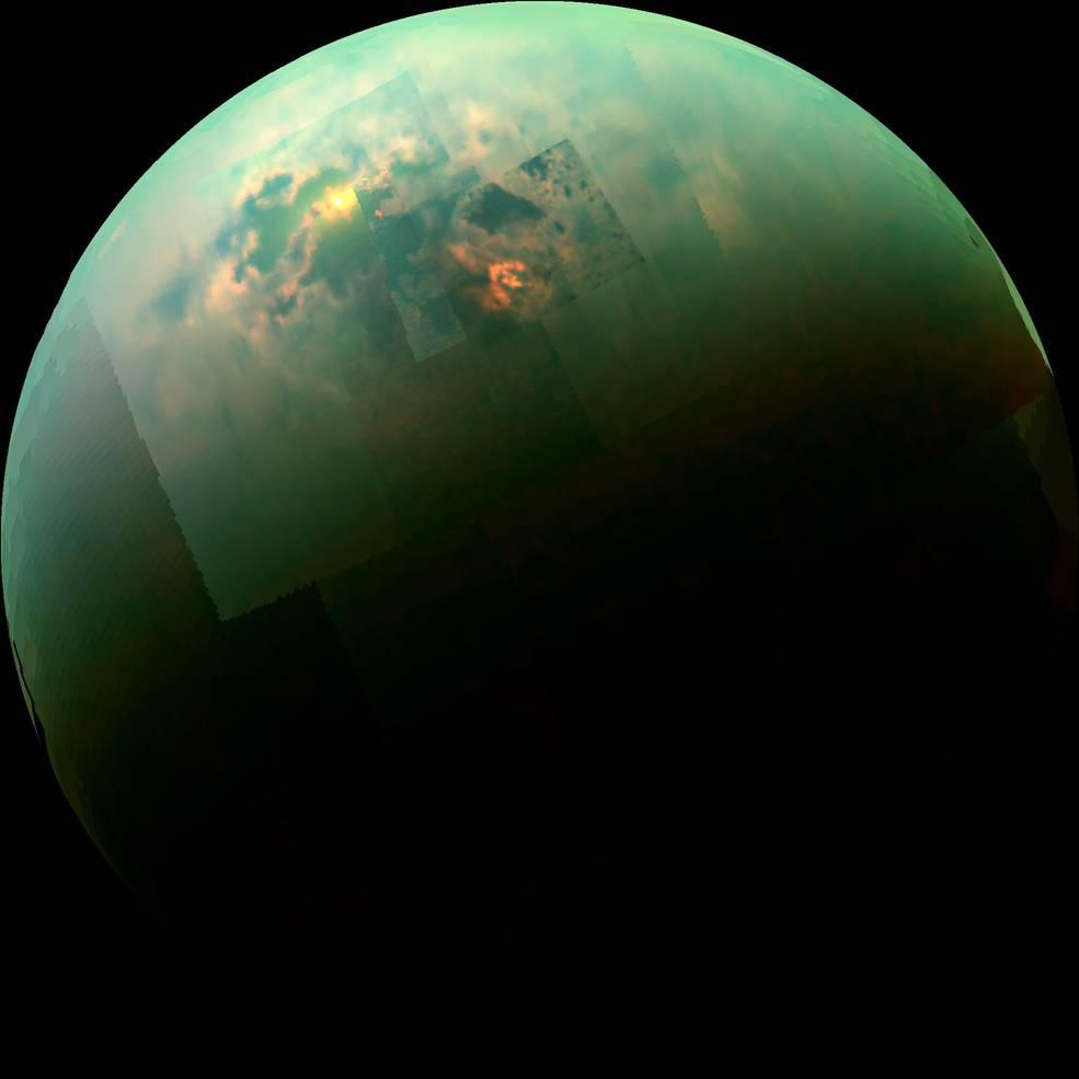 Sunlight glints off of Titan’s northern seas in this near-infrared color mosaic from NASA’s Cassini spacecraft. Credits: NASA/JPL/University of Arizona/Univeristy of Idaho