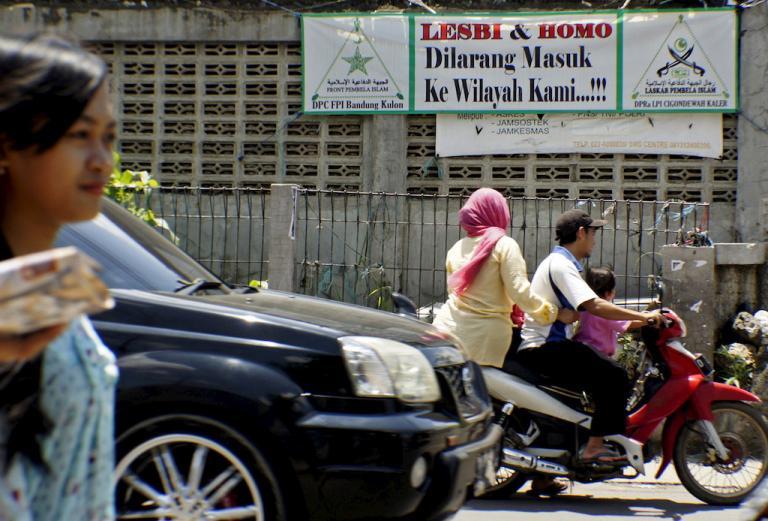 A banner put up by an Indonesian hardline Muslim group in Bandung, West Java, that says: 