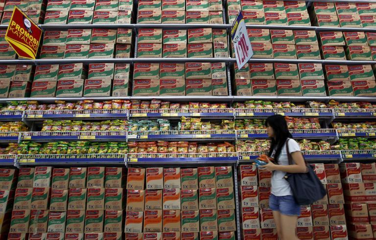 The noodle aisle at a supermarket in Jakarta.