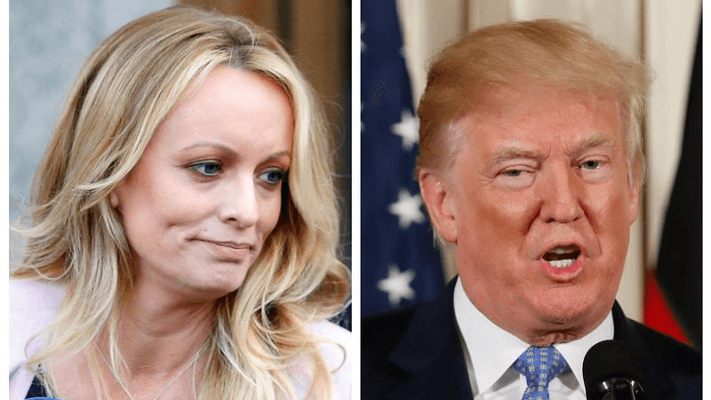 A combination photo shows adult film actress Stephanie Clifford, also known as Stormy Daniels, speaking in New York City, and US President Donald Trump speaking in Washington, Michigan, on April 16, 2018, and April 28, 2018, respectively.