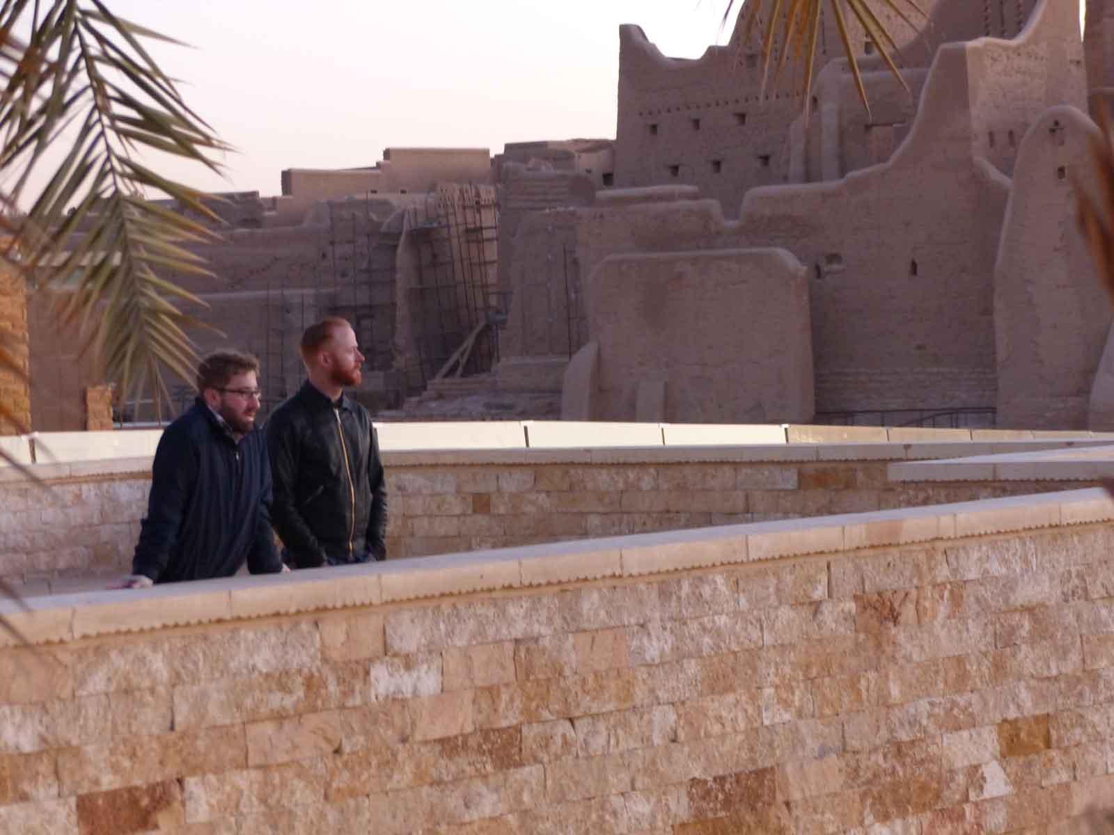 Aaron Dorfman and Todd Livingston of the Henhouse Prowlers scan the Diriyah Historical District (a UNESCO World Heritage site) in Riyadh, Saudi Arabia.