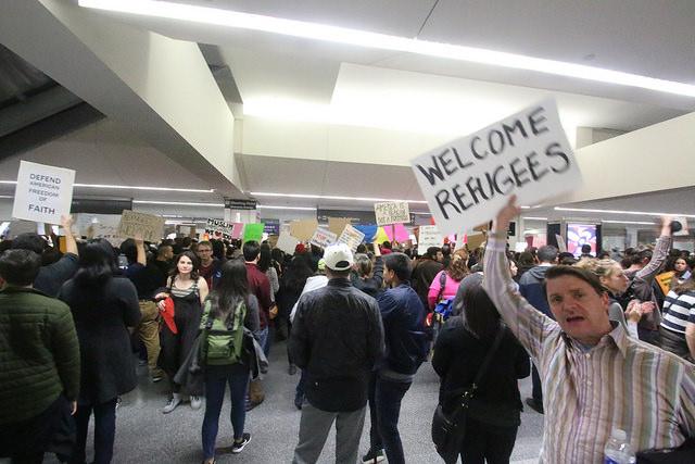 Protestors gather at San Francisco International Airport to oppose Donald Trump's "Muslim Ban."