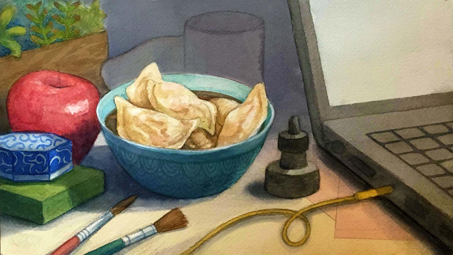 Painting of a bowl of dumplings next to laptop on a desk