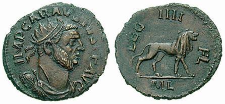 A Carausius coin, minted in Londinium (London). On the reverse is the lion symbol of his legions: Legio IIII Flavia Felix