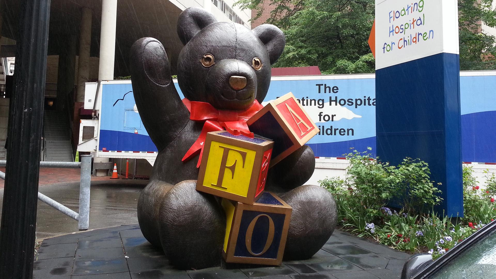 The FAO Schwarz bear landed at the Floating Hospital for Children at the Tufts Medical Center after the company's Boston store was closed in 2004.