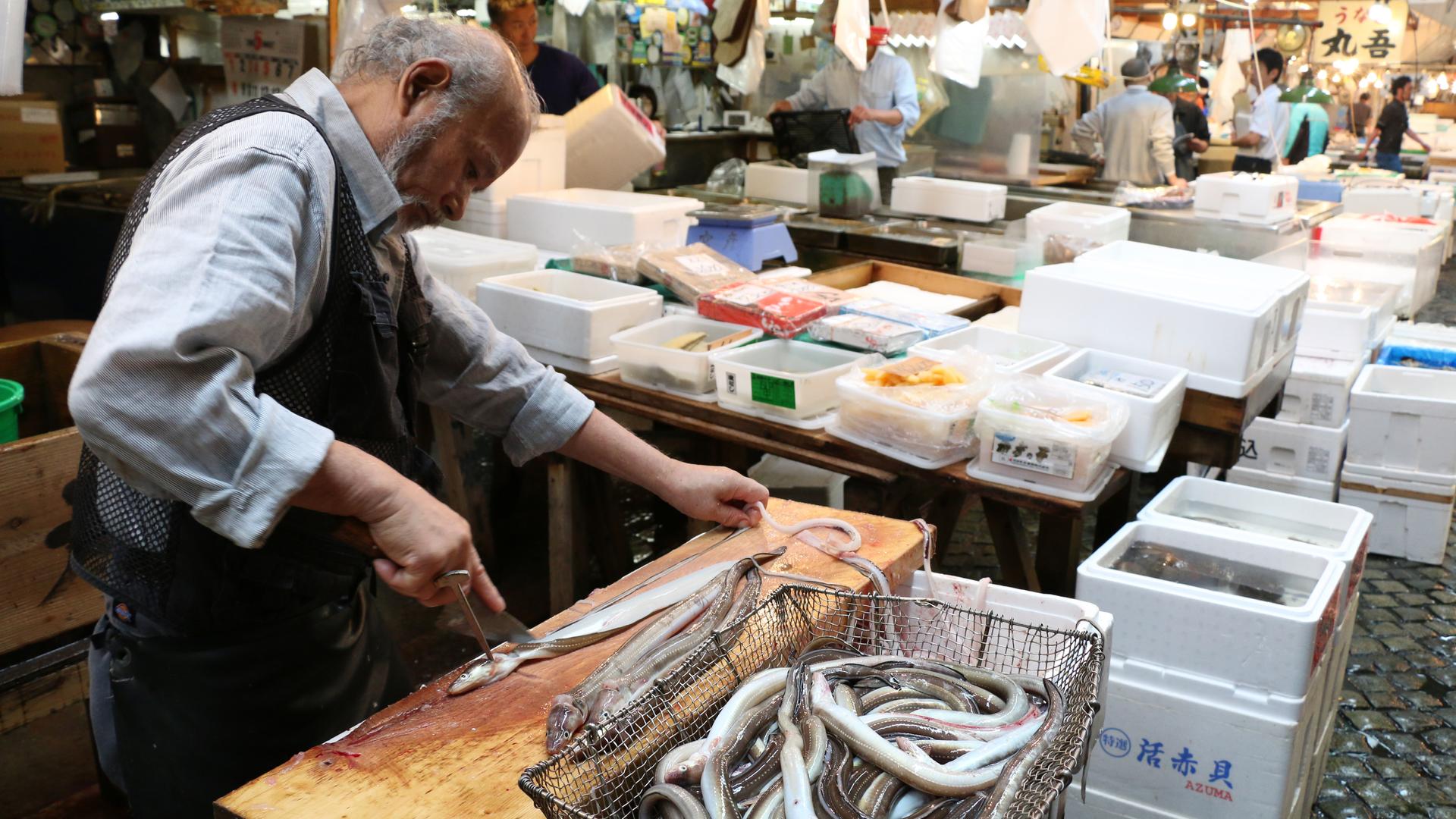A Tsukiji shopkeeper prepares a basket of live eels for sale.