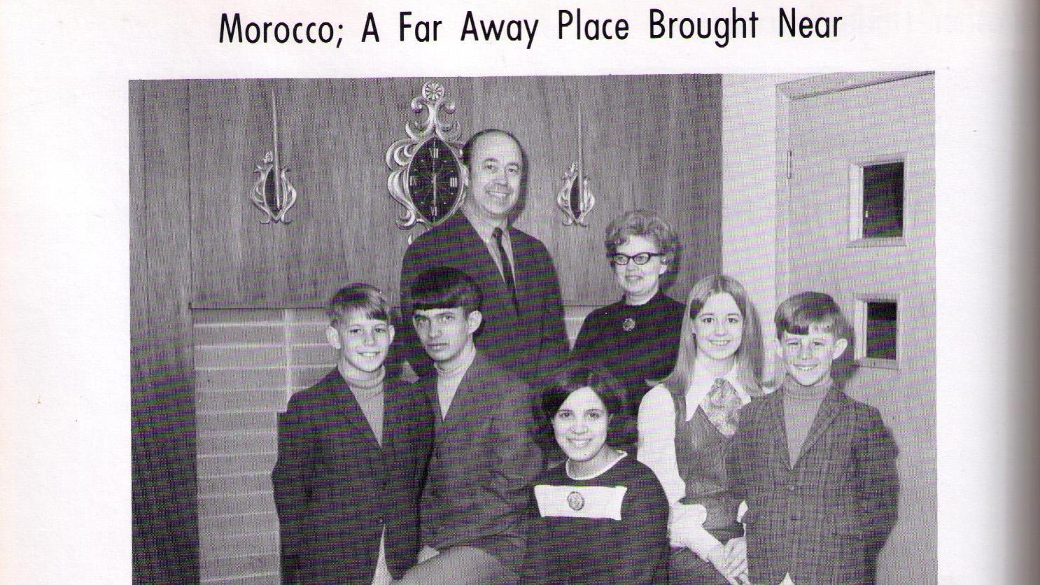 A photo from the yearbook:  My mother, Khadija Ouannane and the Davises, her American family in Bloomer, Wisconsin. The youngest brother couldn't say her name, so they all called her Katy.