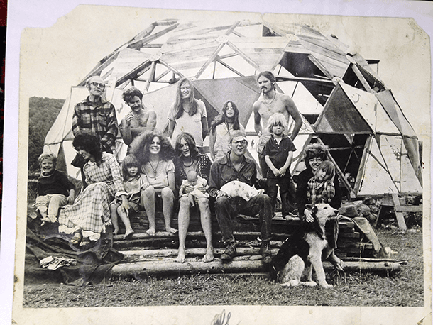 Members and friends of the Myrtle Hill commune, in norther Vermont, gather in front of a geodesic dome in the summer of 1971.