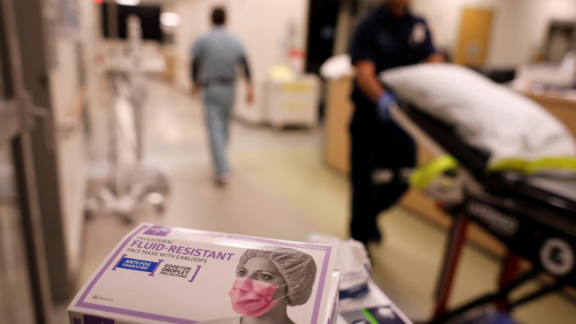A box of masks is shown in the emergency room at Palomar Medical Center in Escondido, California.