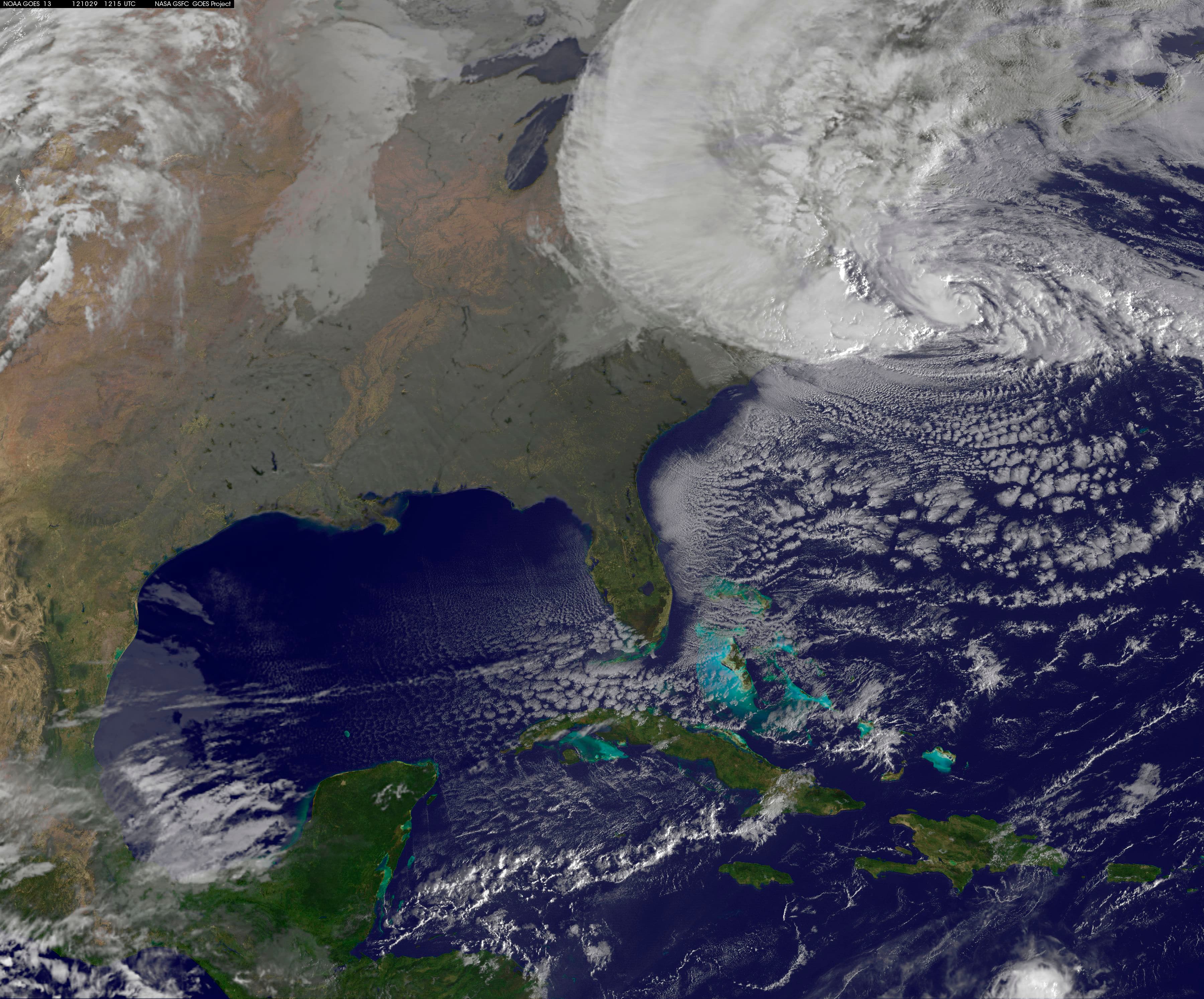Hurricane Sandy is seen moving towards the east coast of the United States on October 29, 2012.