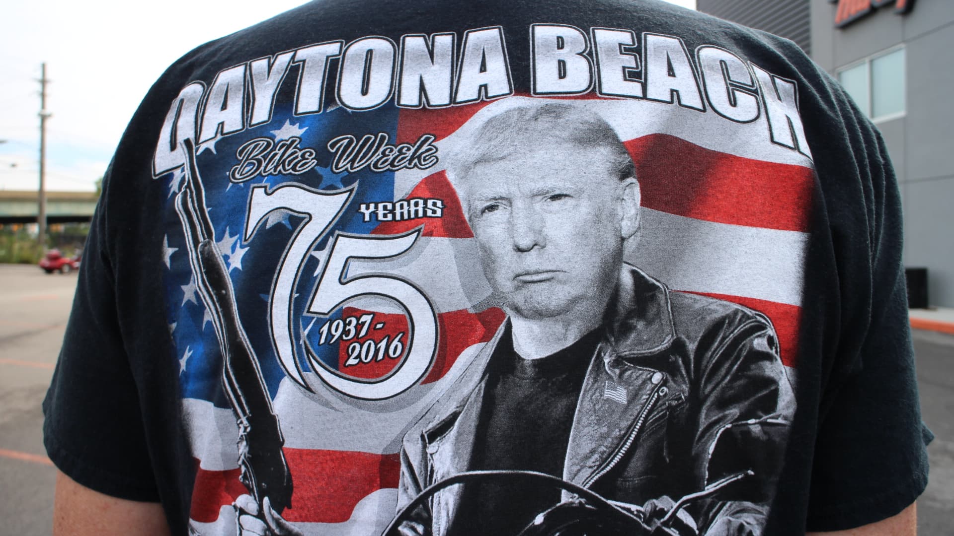 Regis from Ohio wearing a pro-Trump leather jacket