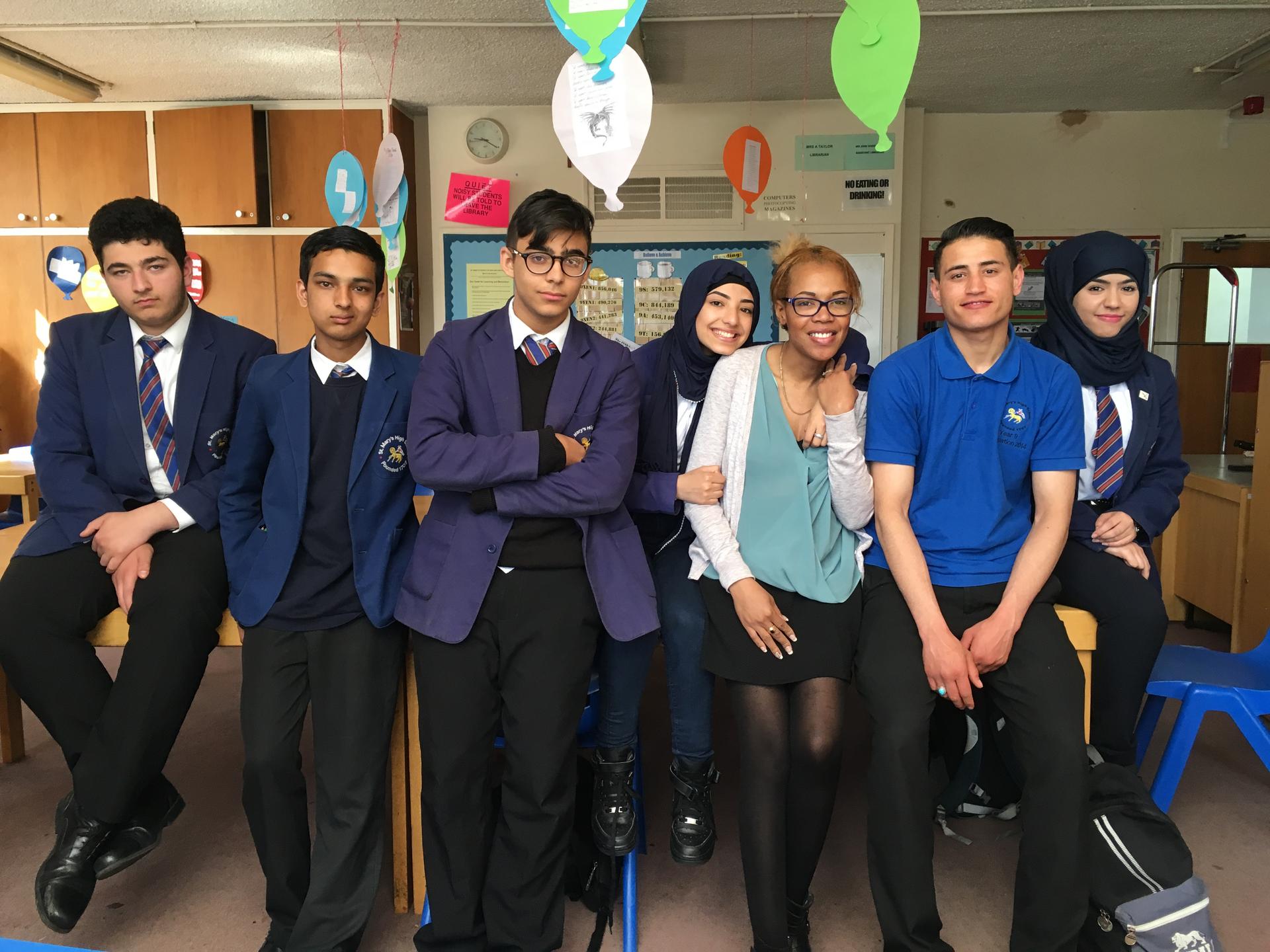 Students and their religious education teacher at St. Mary's School in London.