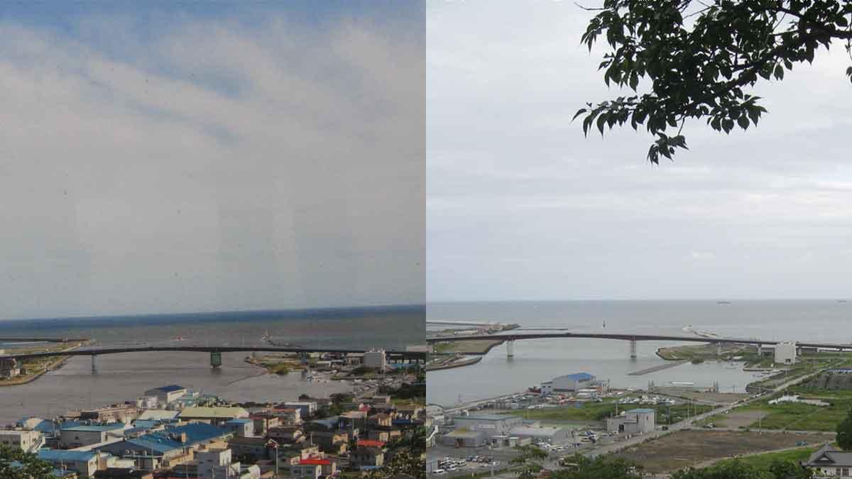 The coastal Japanese city of Ishinomaki, before the Tsunami... and today.