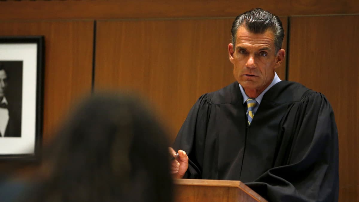 Los Angeles Superior Court Judge Craig Mitchell talks to a defendant.