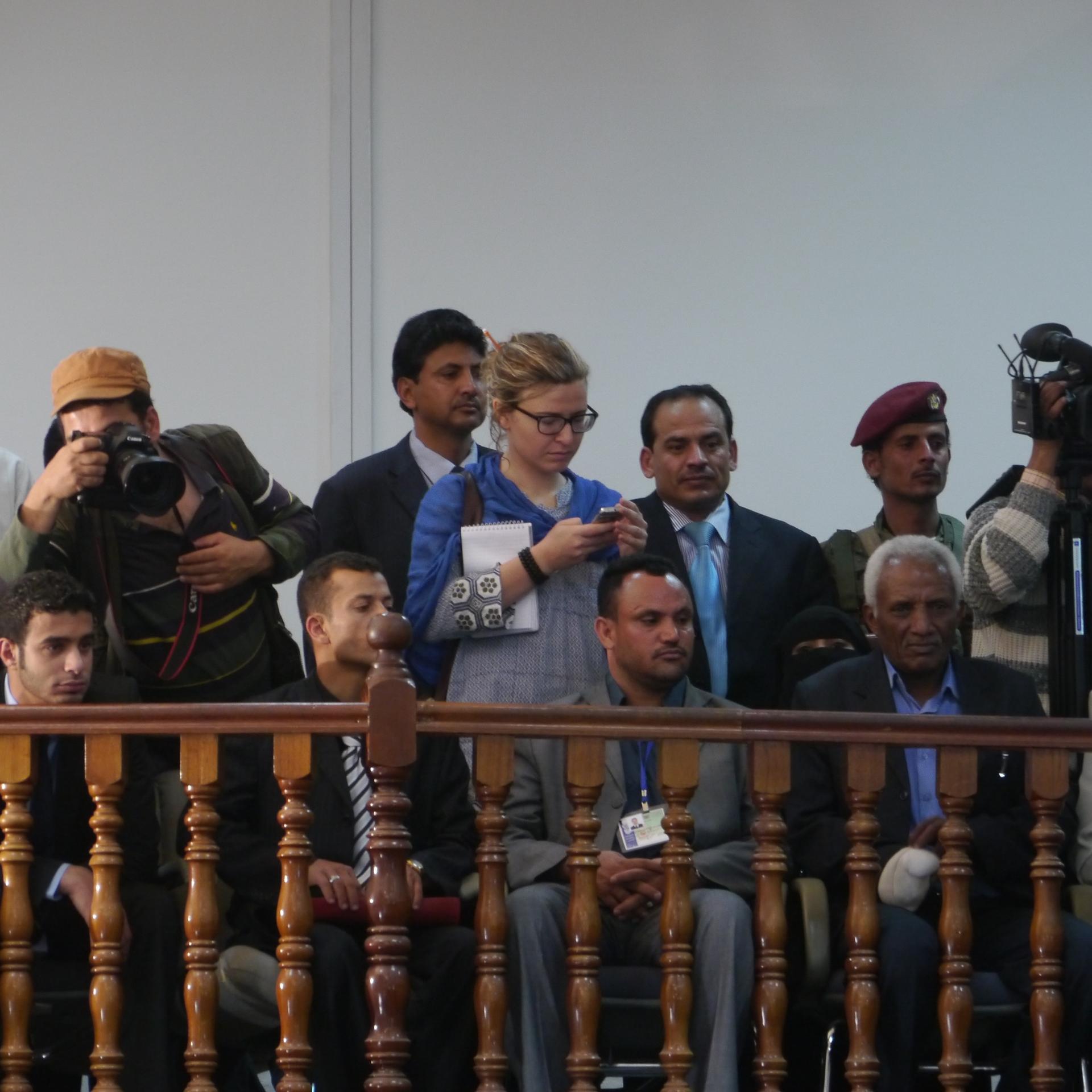 Reporter Laura Kasinof covering the inauguration of Yemeni President Abdurabbu Mansour Hadi, February 2012.
