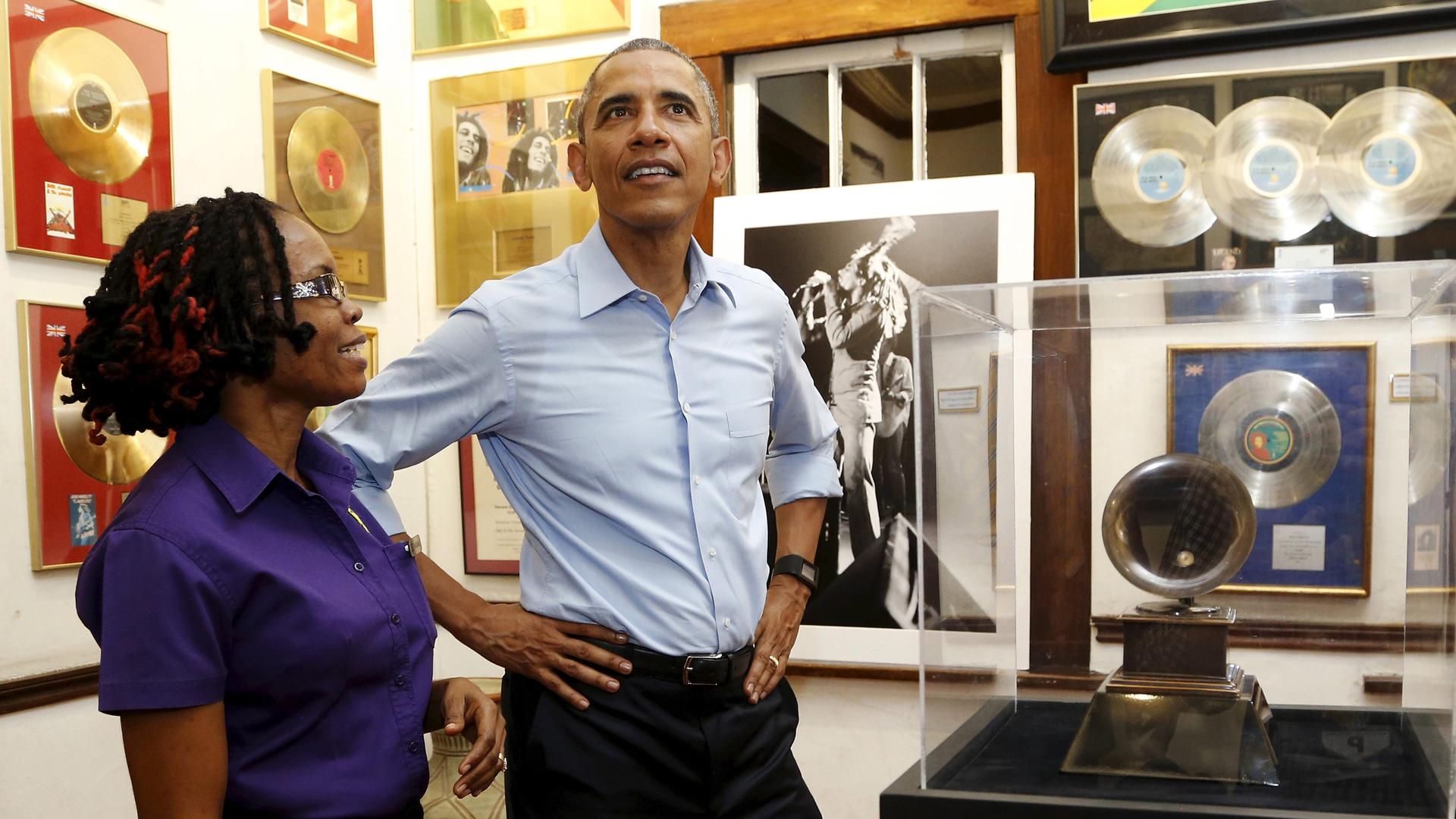 US President Barack Obama gets a tour of the Bob Marley Museum in Kingston, Jamaica.