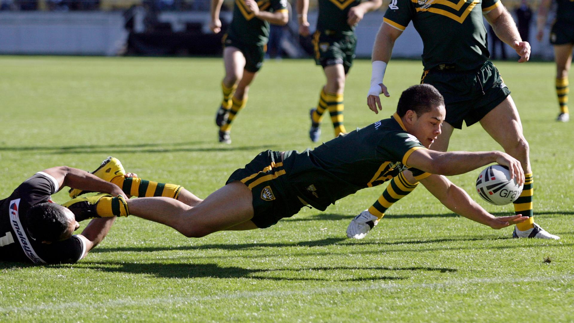 Jarryd Hayne scores during the centenary rugby league test match between Australia and New Zealand in Wellington, 2007.