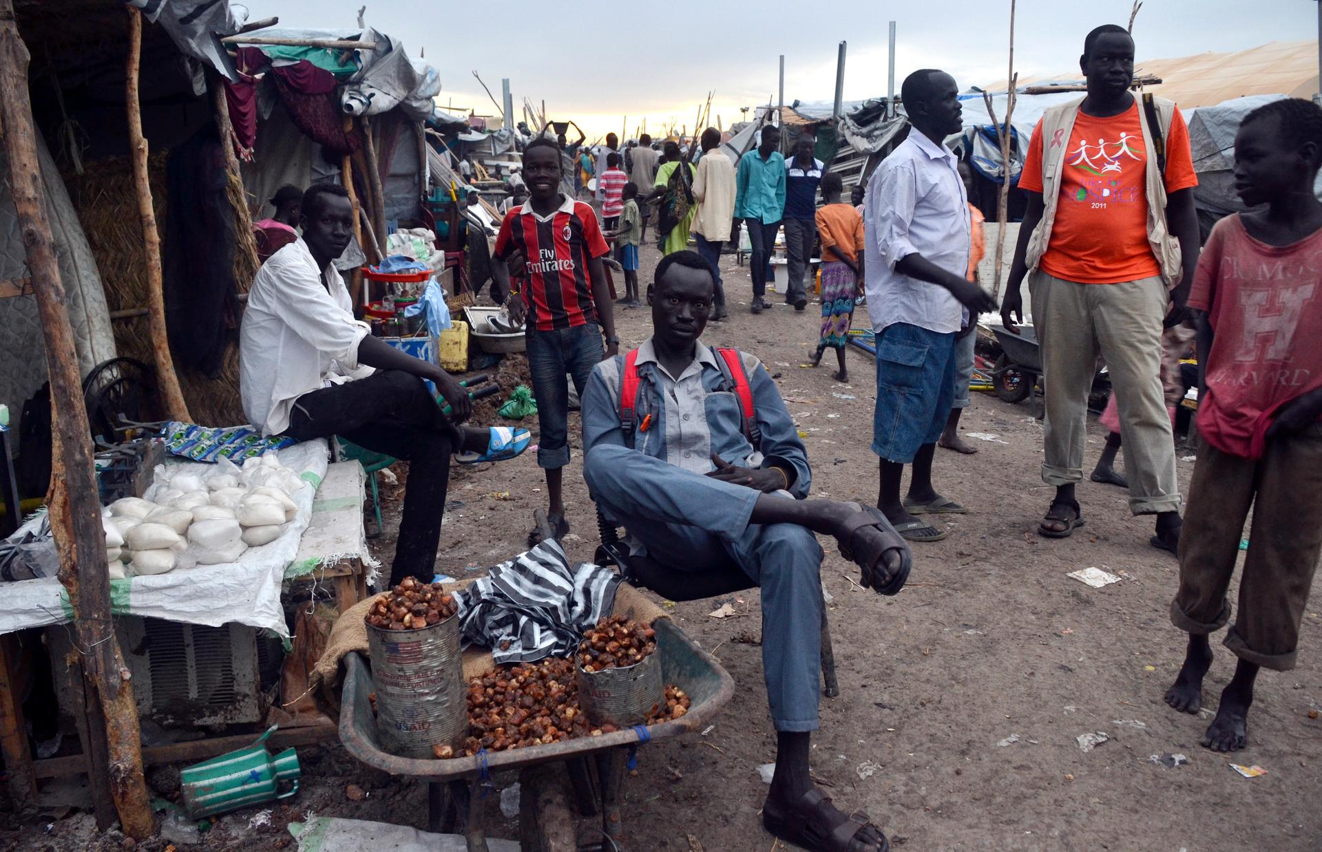 Residents displaced by recent fighting gather at a trading area within the United Nations Mission in South Sudan in Malakal, in Upper Nile State.