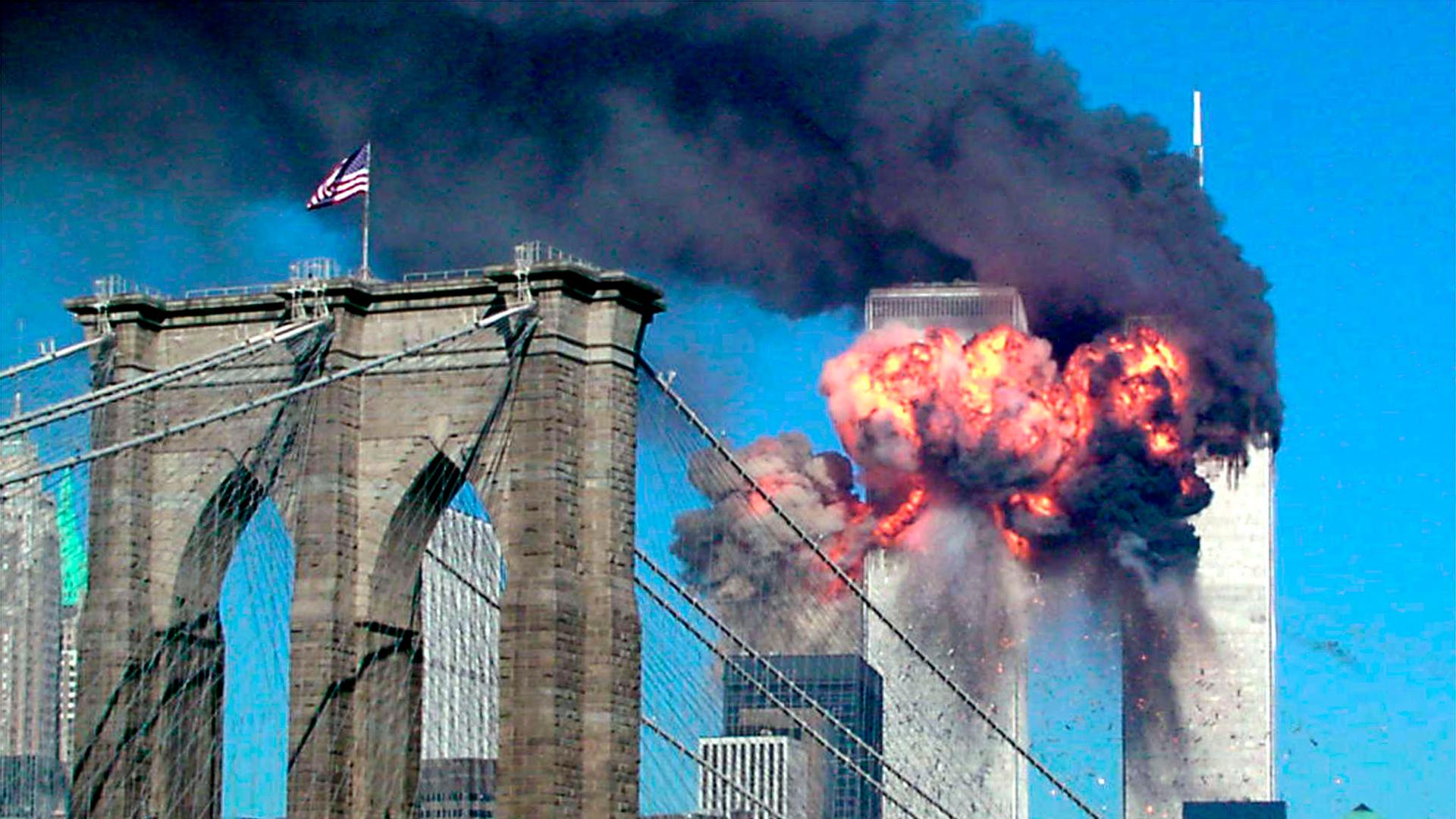 The second tower of the World Trade Center in New York City explodes into flames after being hit by a plane, hijacked by al-Qaeda, on September 11th 2001