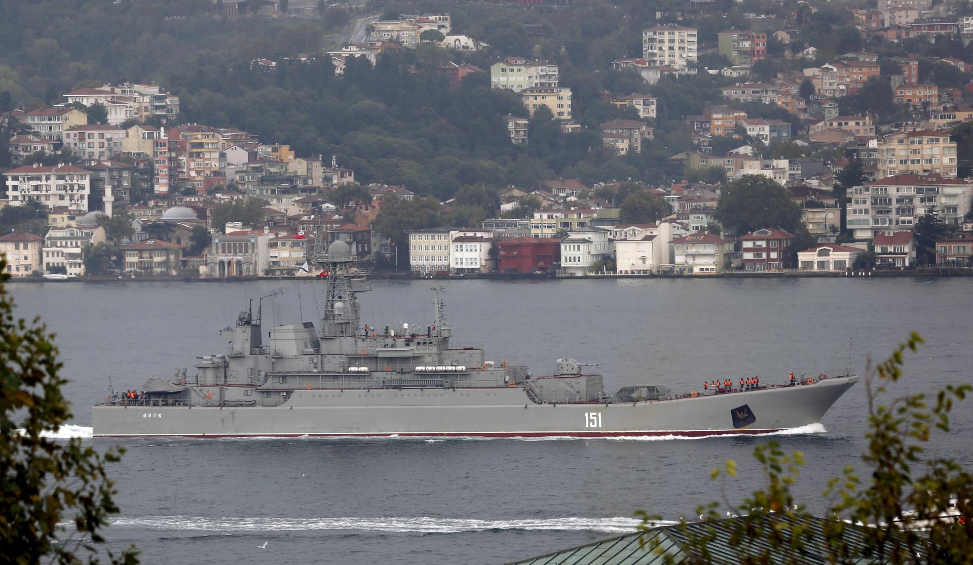 Russian naval landing ship, Azov, sails through the Bosphorus Strait past Istanbul, on its way to the Mediterranean Sea.