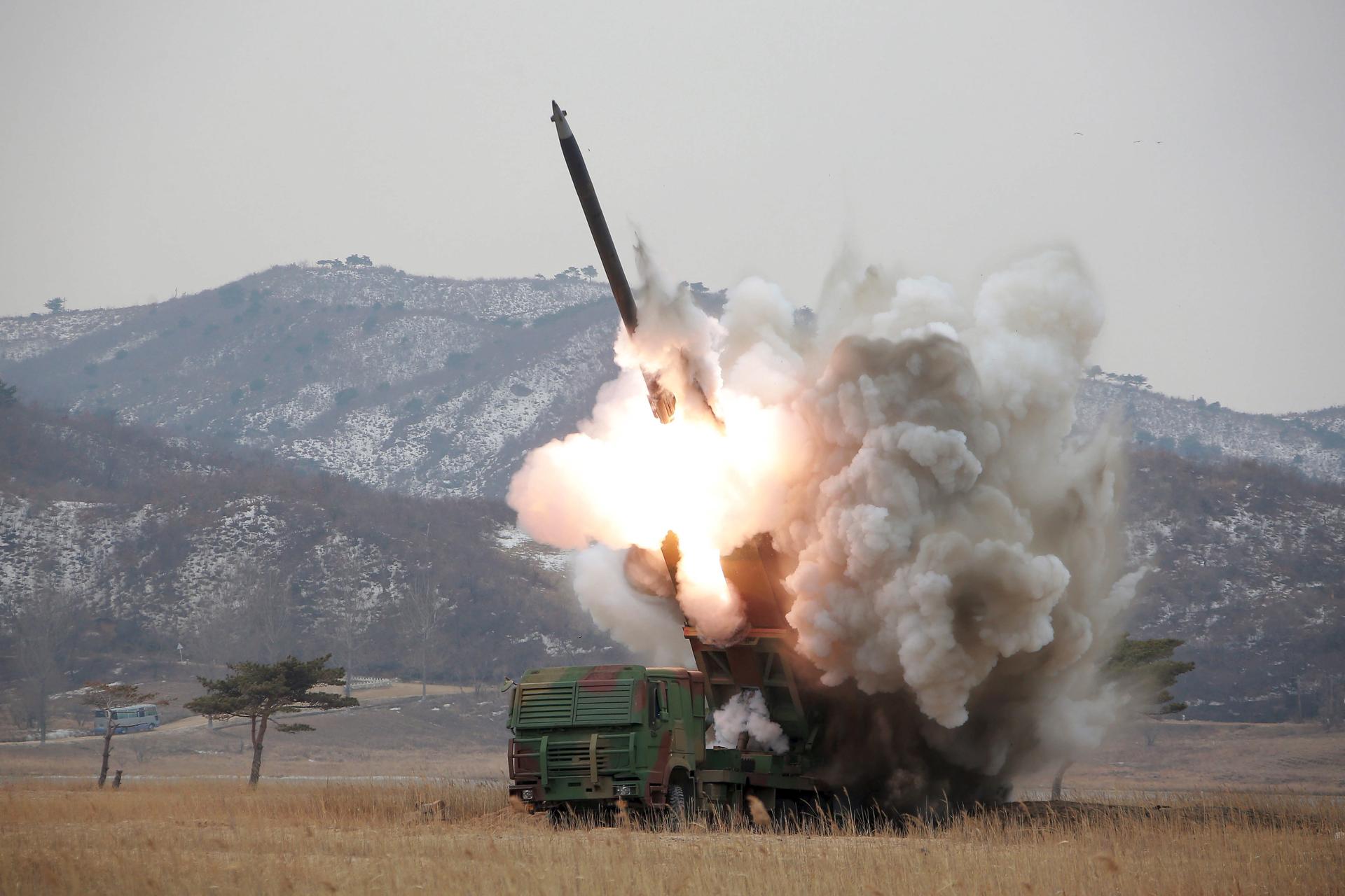 A new multiple launch rocket system is test fired in this undated photo released by North Korea's Korean Central News Agency (KCNA) in Pyongyang March 4, 2016.
