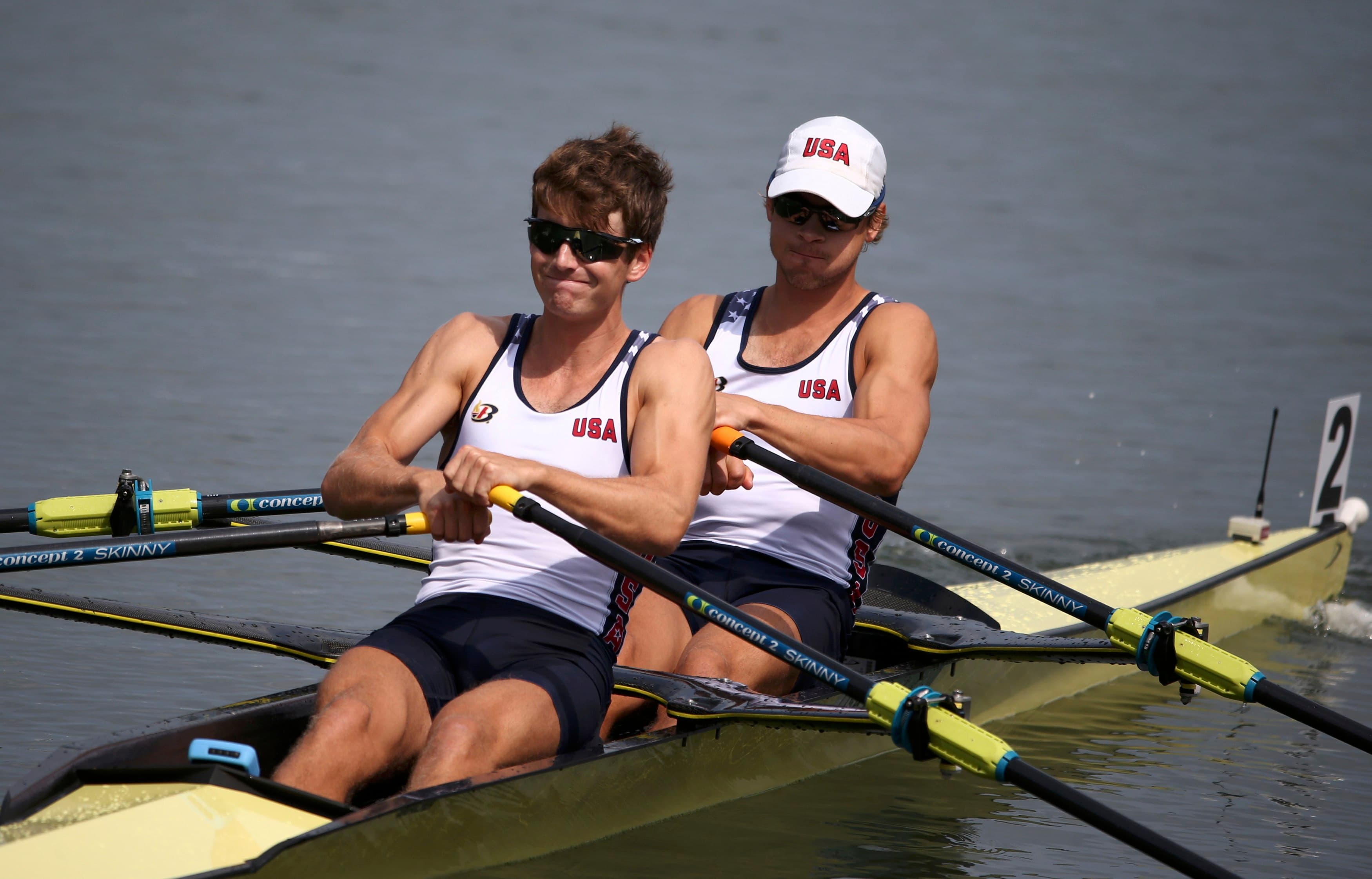 2016 Rio Olympics - Rowing - Preliminary - Lightweight Men's Double Sculls Heats - Lagoa Stadium - Rio De Janeiro, Brazil - 08/08/2016. Joshua Konieczny (USA) of USA and Andrew Campbell Jr. (USA) of USA compete.