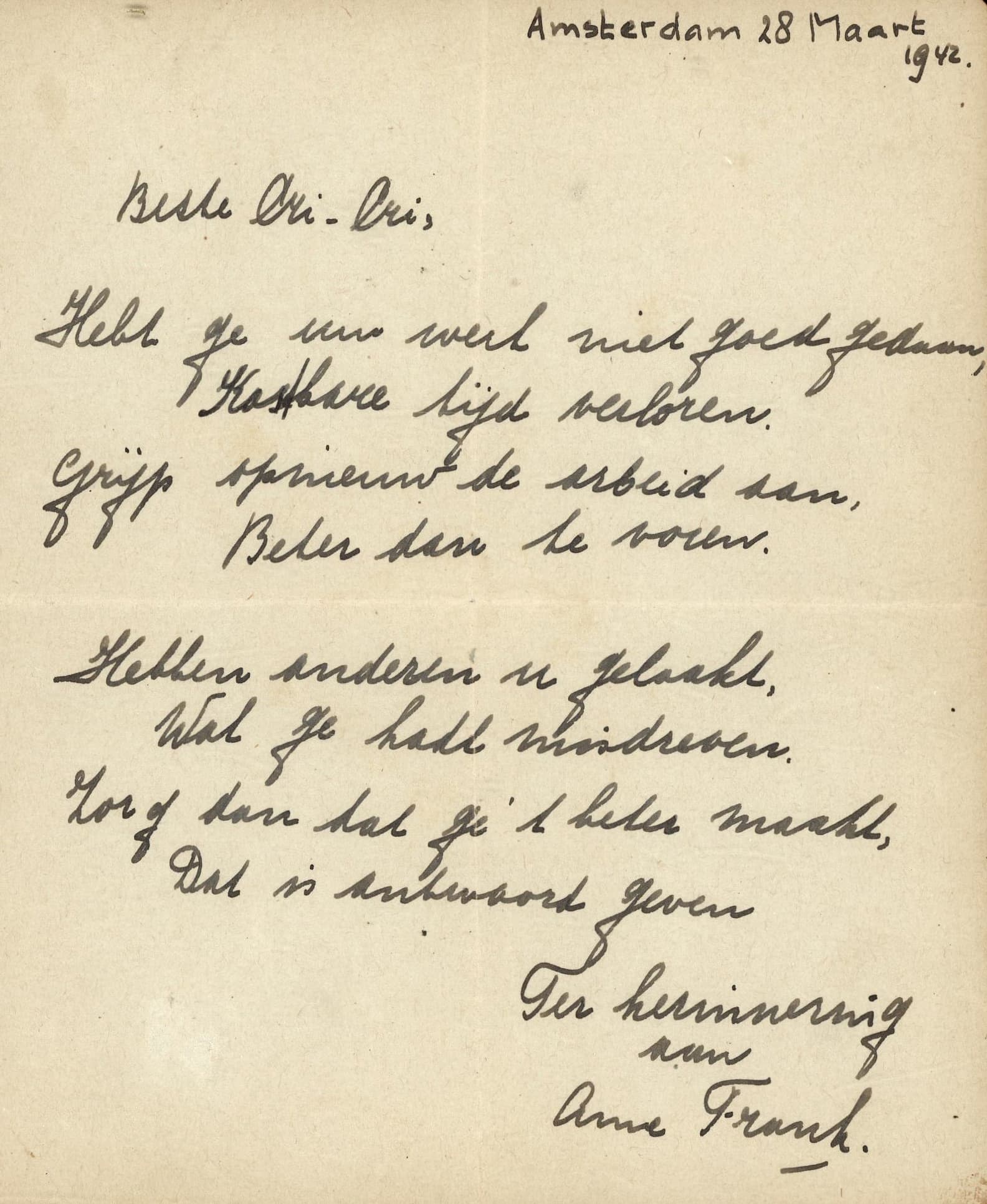 Anne Frank's poetry letter to her friend Christiane was sold today to a private bidder.