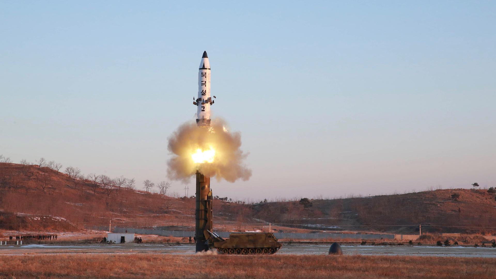 North Korea says it conducted a test launch of a Pukguksong-2 guided missile on Feb. 12 and that the test was a “complete success.” This undated photo was released by North Korea's Korean Central News Agency (KCNA) in Pyongyang on Feb. 13, 2017.