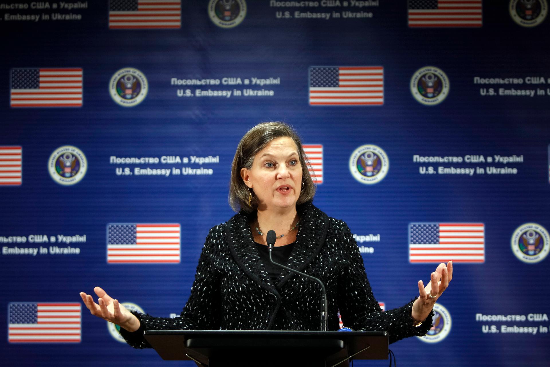 U.S. Assistant Secretary of State, Victoria Nuland addresses a news conference at the American embassy in Kiev, Ukraine on February 7, 2014.