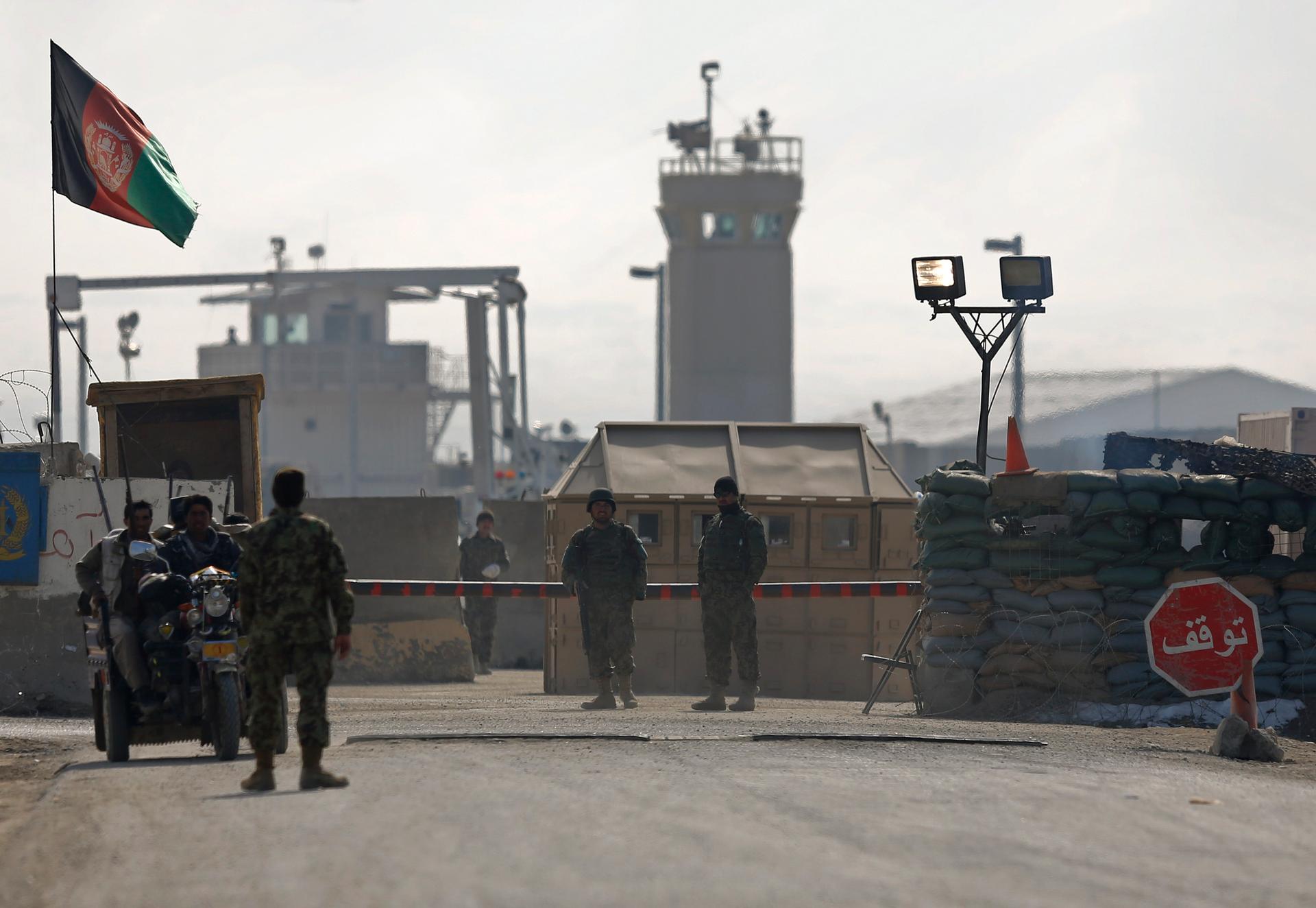 Afghan National Army soldiers on guard at the gate of the Bagram detainee centre, north of Kabul.