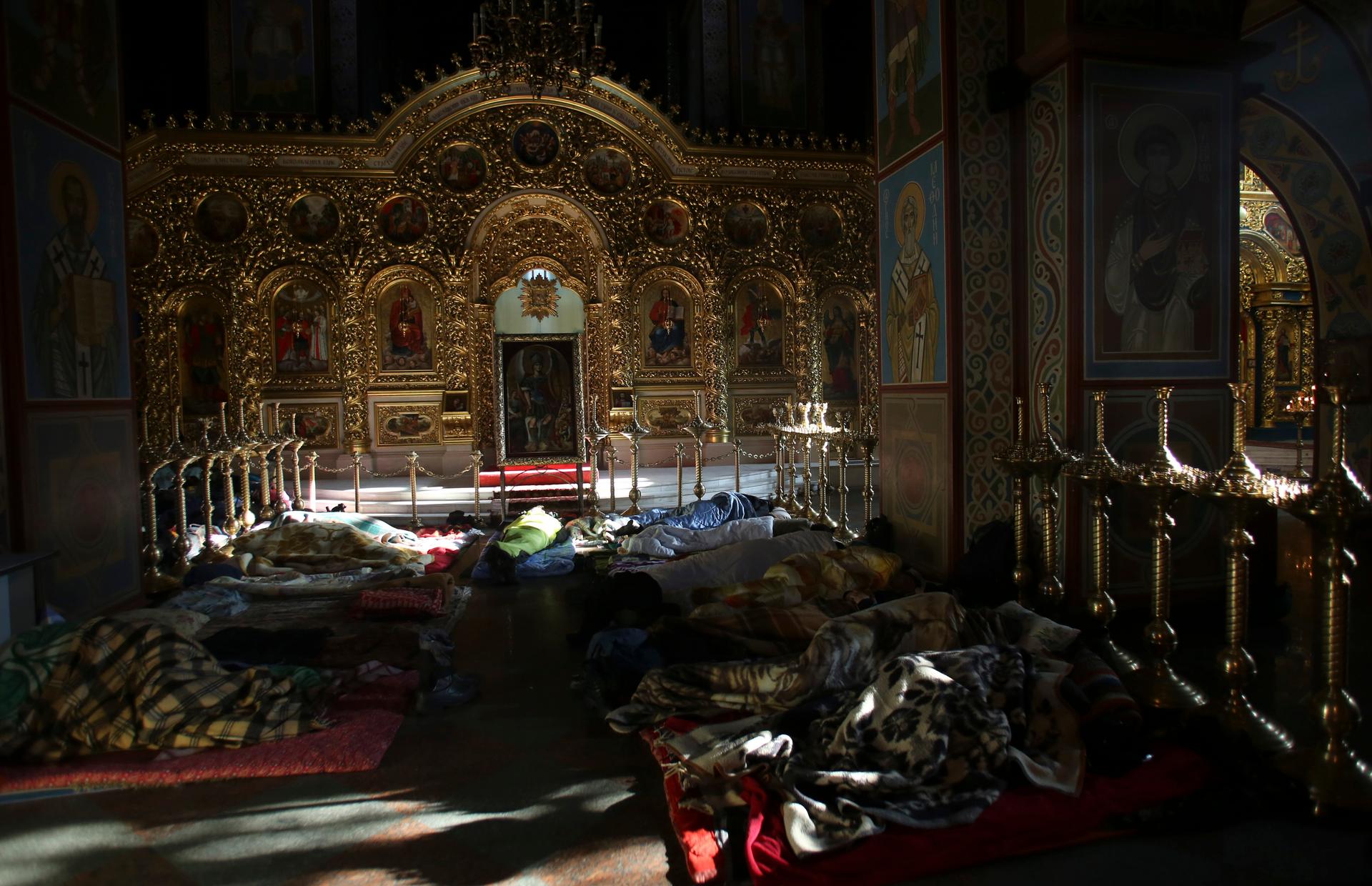 Anti-government protesters sleep in Kiev's Mikhailovsky Monastery last week.
