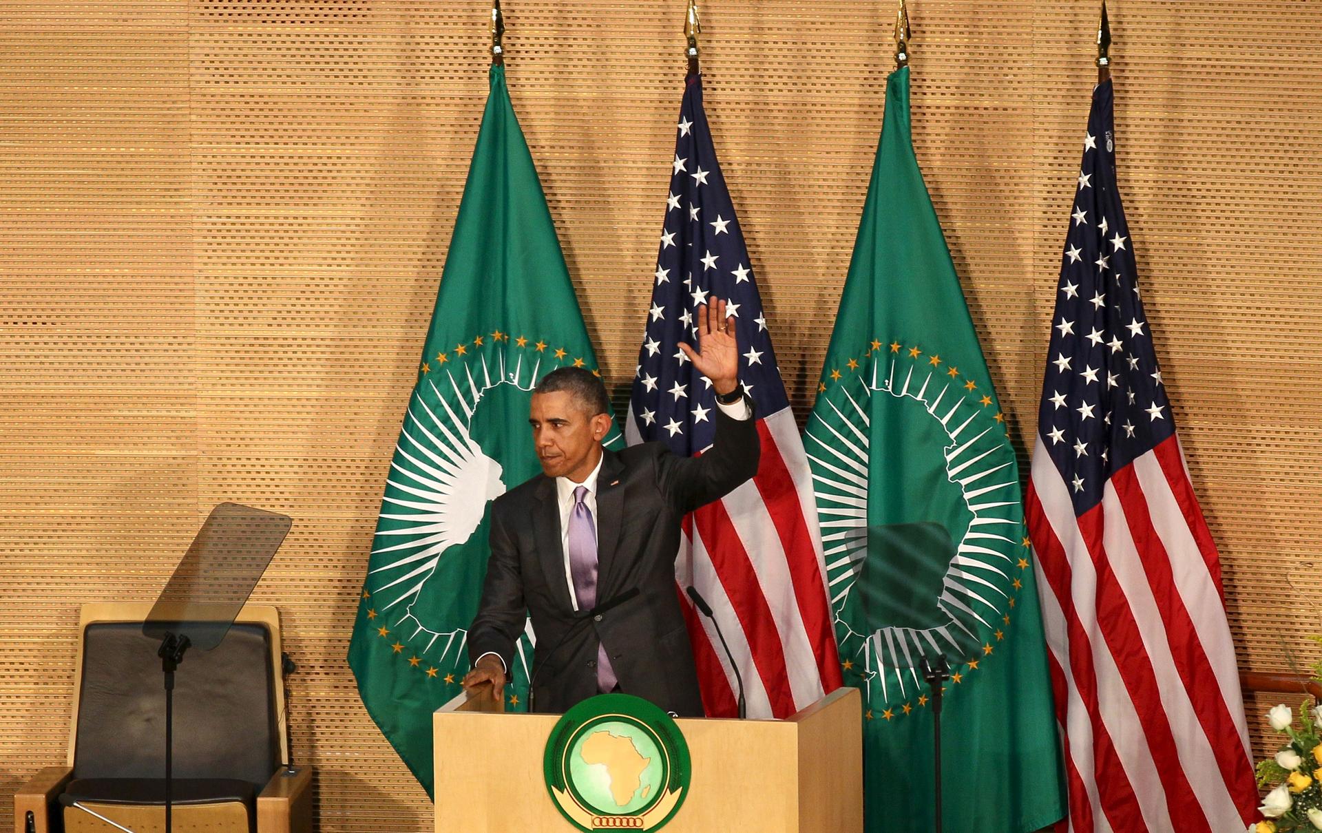 U.S. President Barack Obama salutes delegates after delivering remarks at the African Union in Addis Ababa, Ethiopia July 28, 2015.
