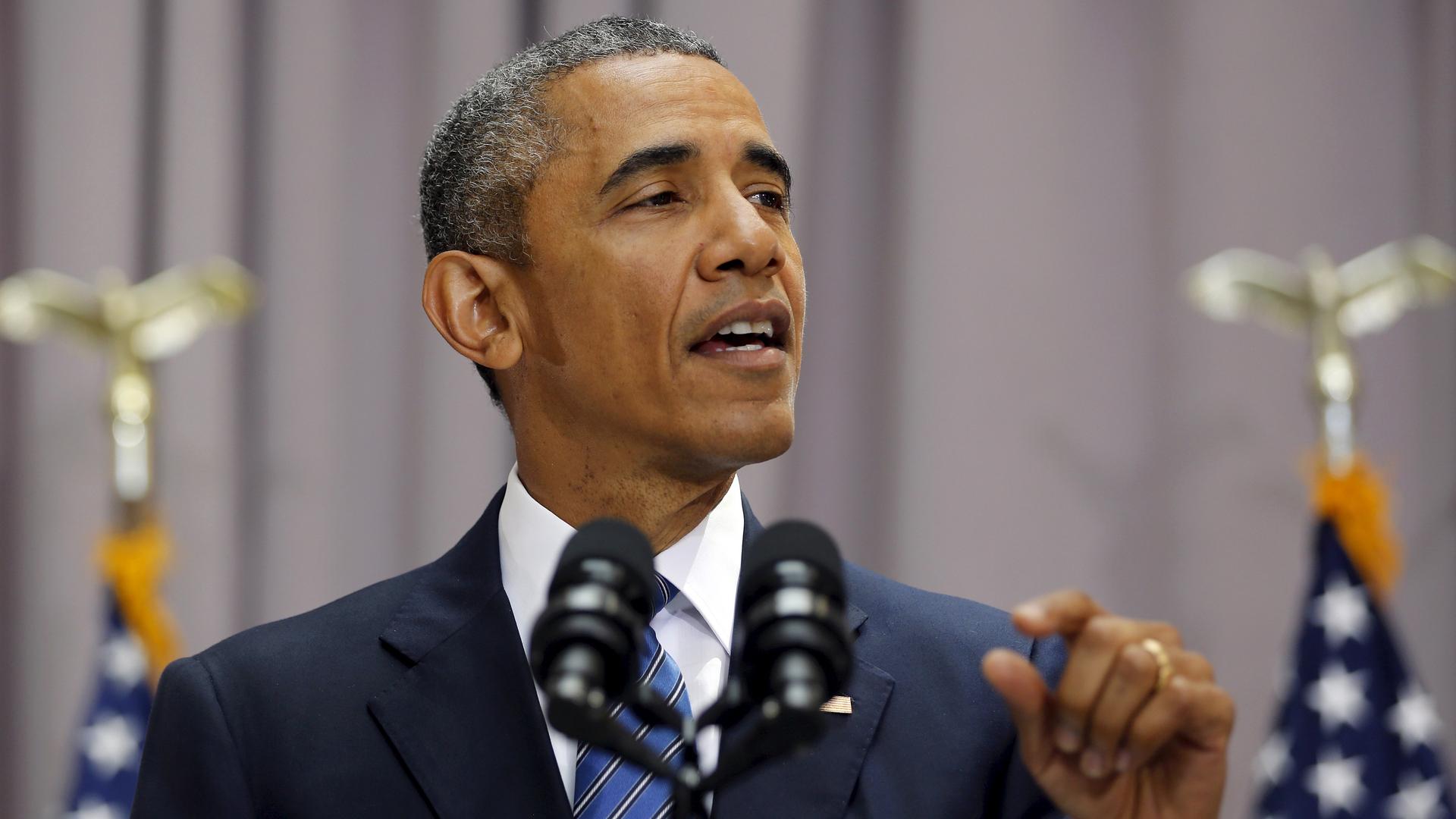 President Obama speaking at American University, selling the nuclear deal with Iran